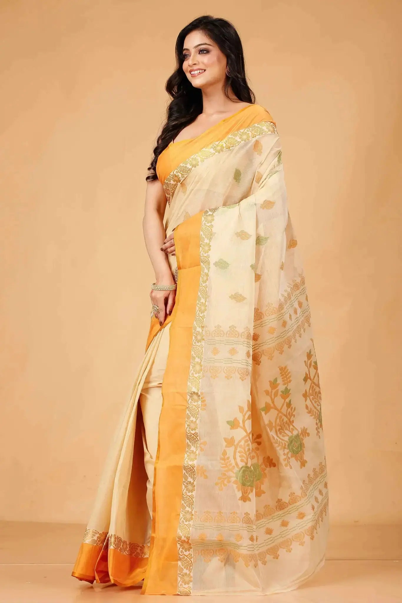Peach Orange- Pure Cotton Bengal Handloom Traditional Design With Rich Pallu