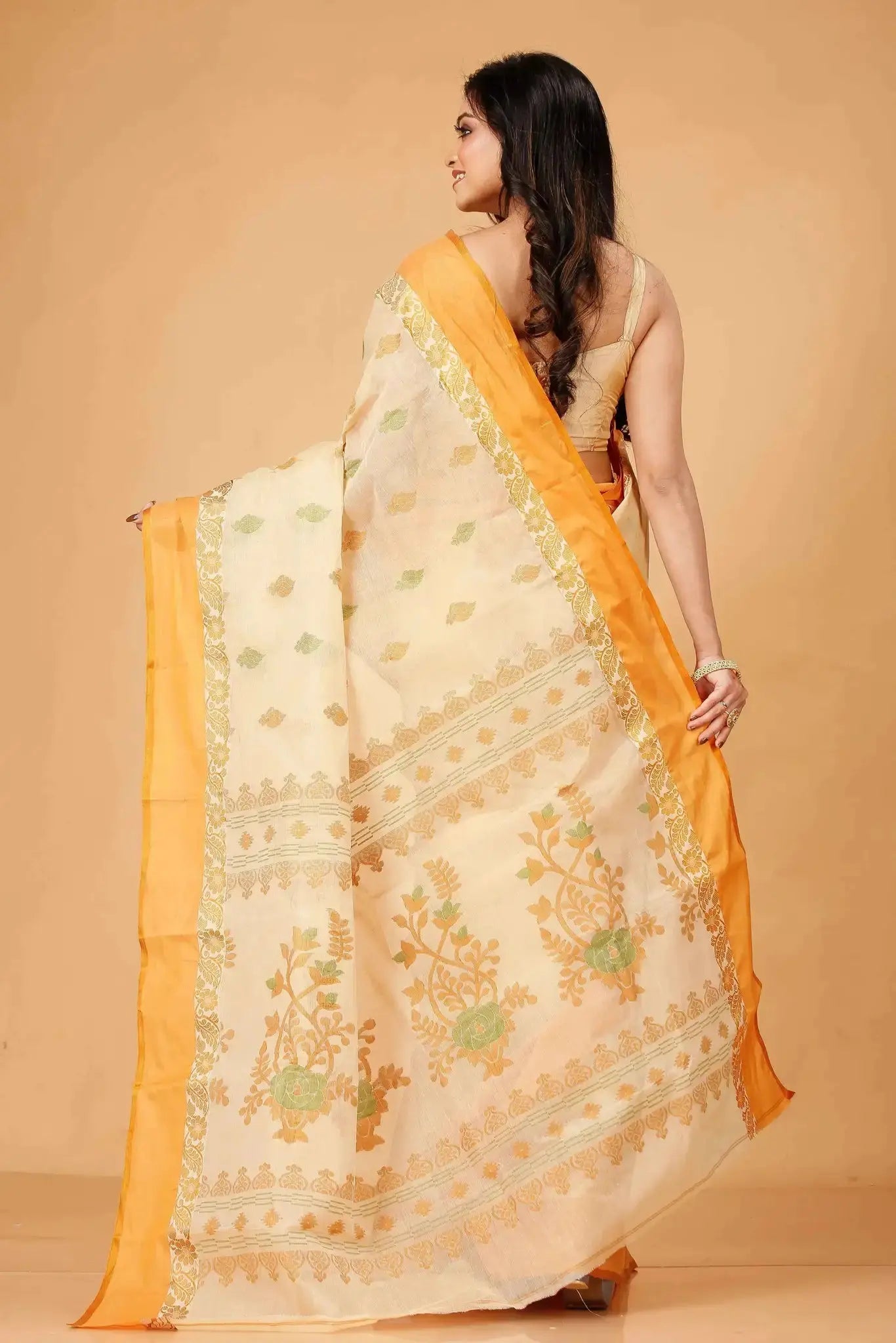 Peach Orange- Pure Cotton Bengal Handloom Traditional Design With Rich Pallu