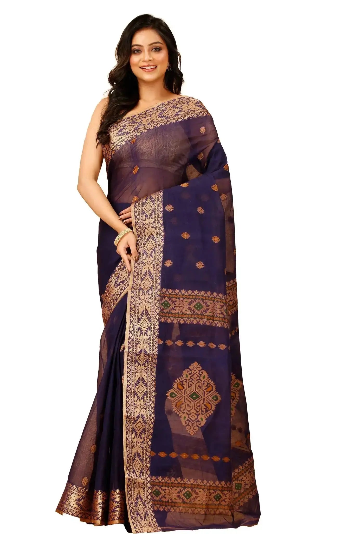 Blue- Pure Cotton Bengal Handloom Traditional Handwoven Saree With Rich Border
