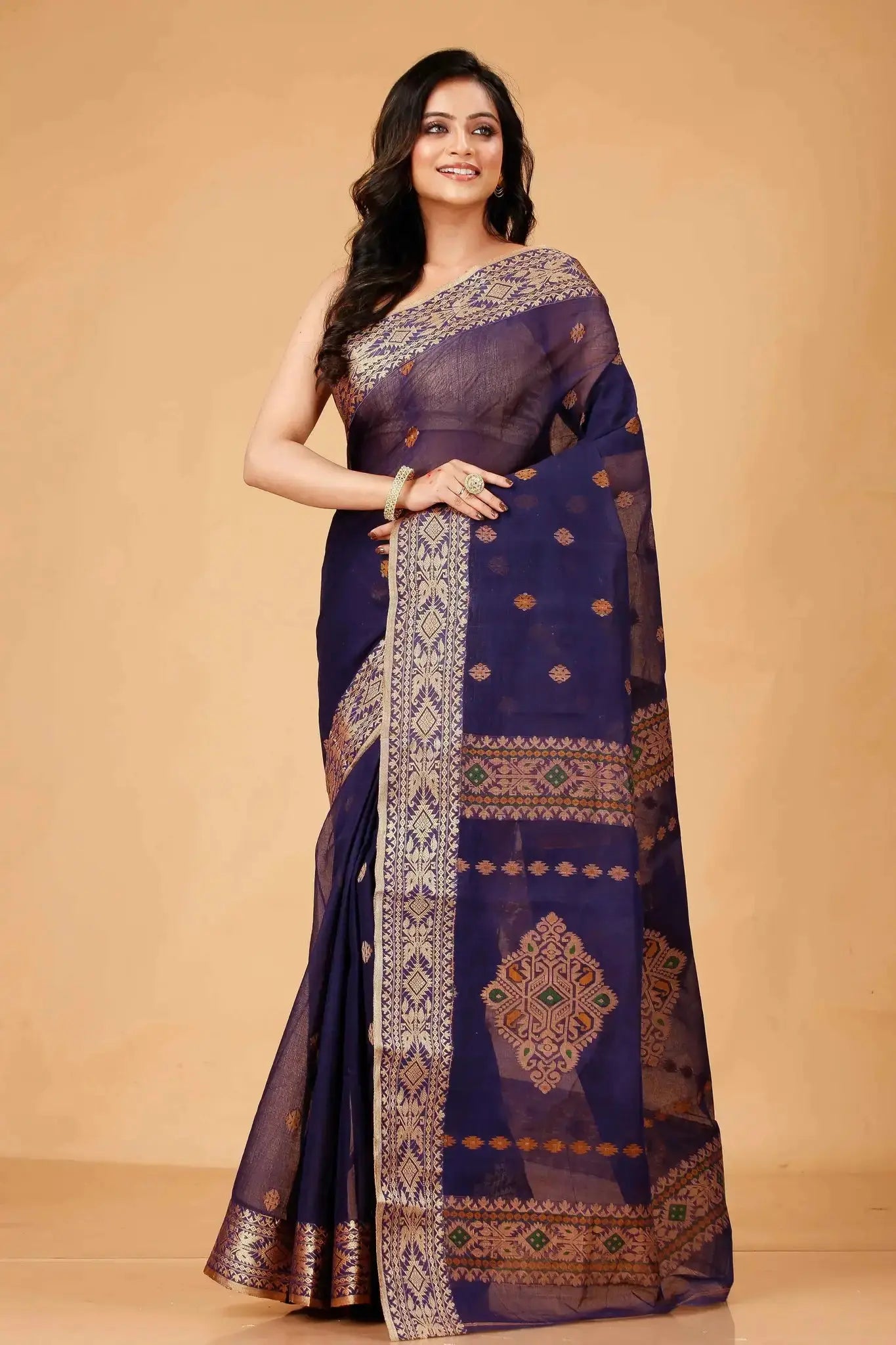 Blue- Pure Cotton Bengal Handloom Traditional Handwoven Saree With Rich Border