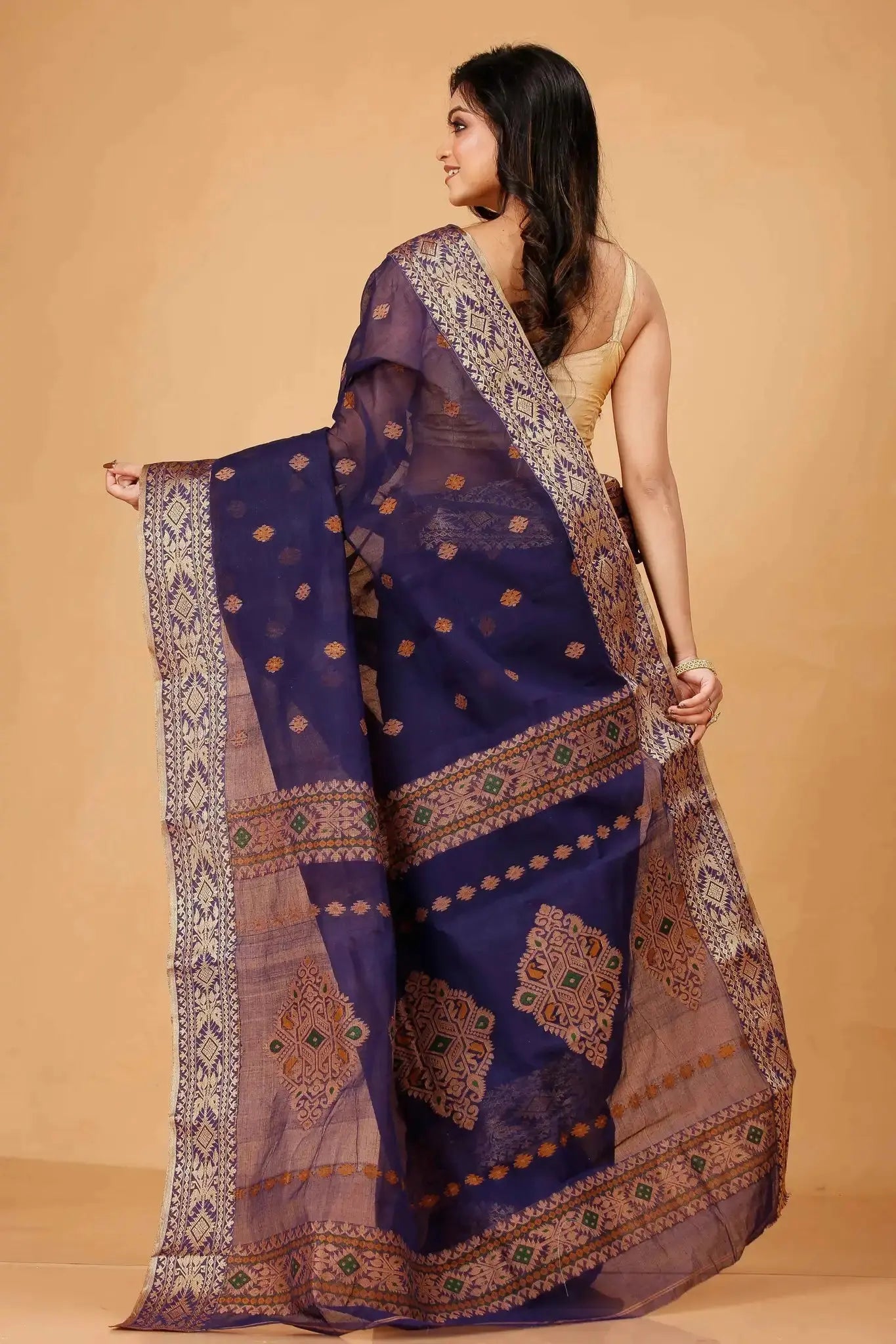 Blue- Pure Cotton Bengal Handloom Traditional Handwoven Saree With Rich Border