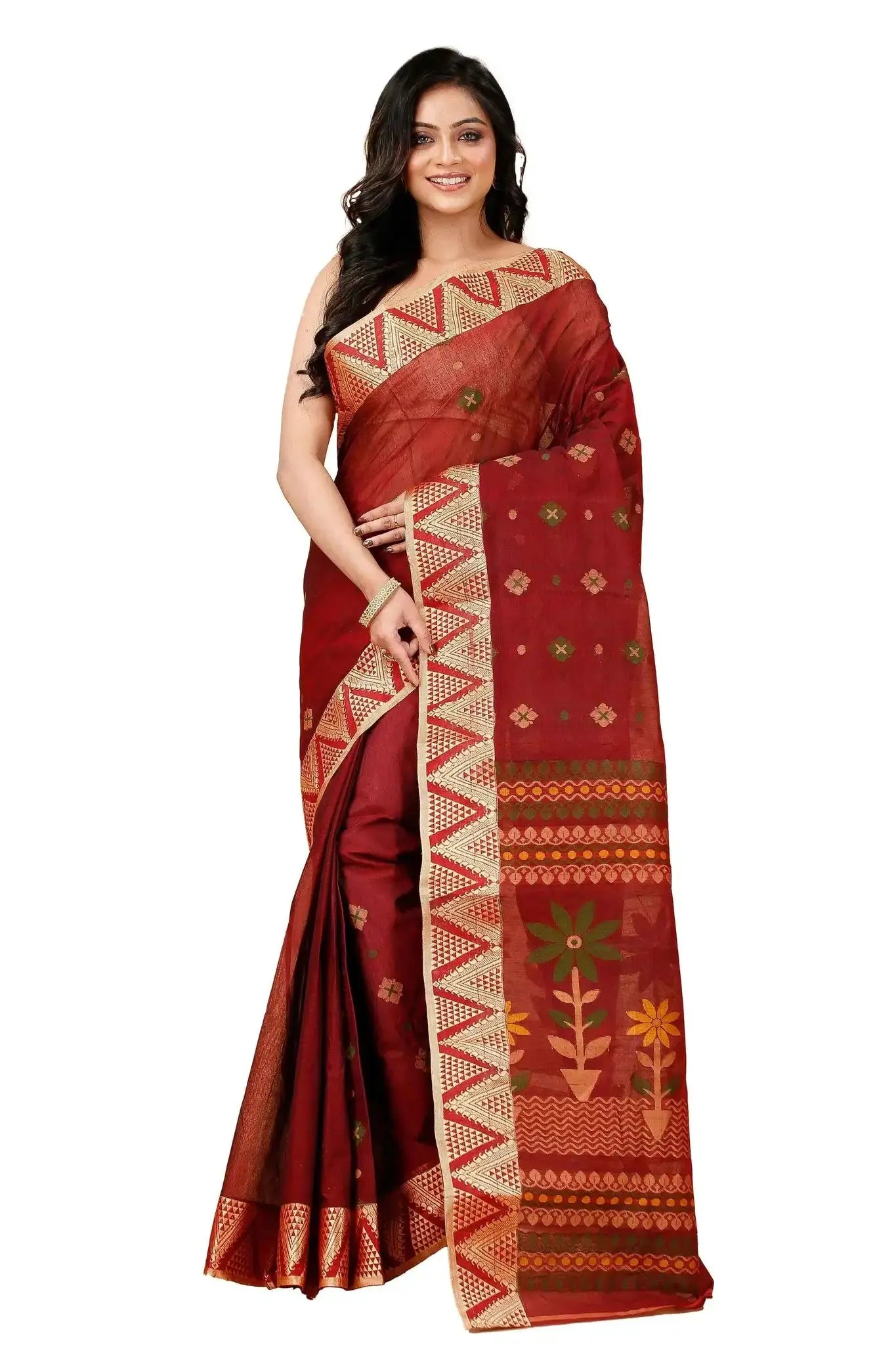 Cherrywood- Pure Cotton Bengal Handloom Saree With Traditional Floral Design
