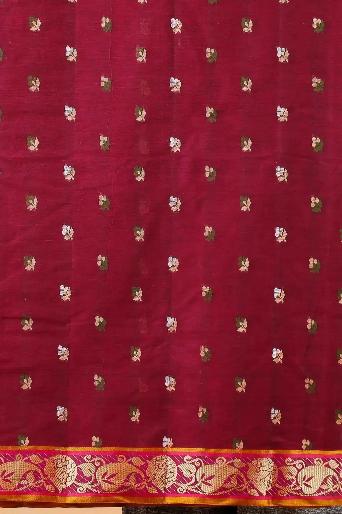 Red Wine- Pure Cotton Bengal Handloom Saree With Ornate Paisley Border