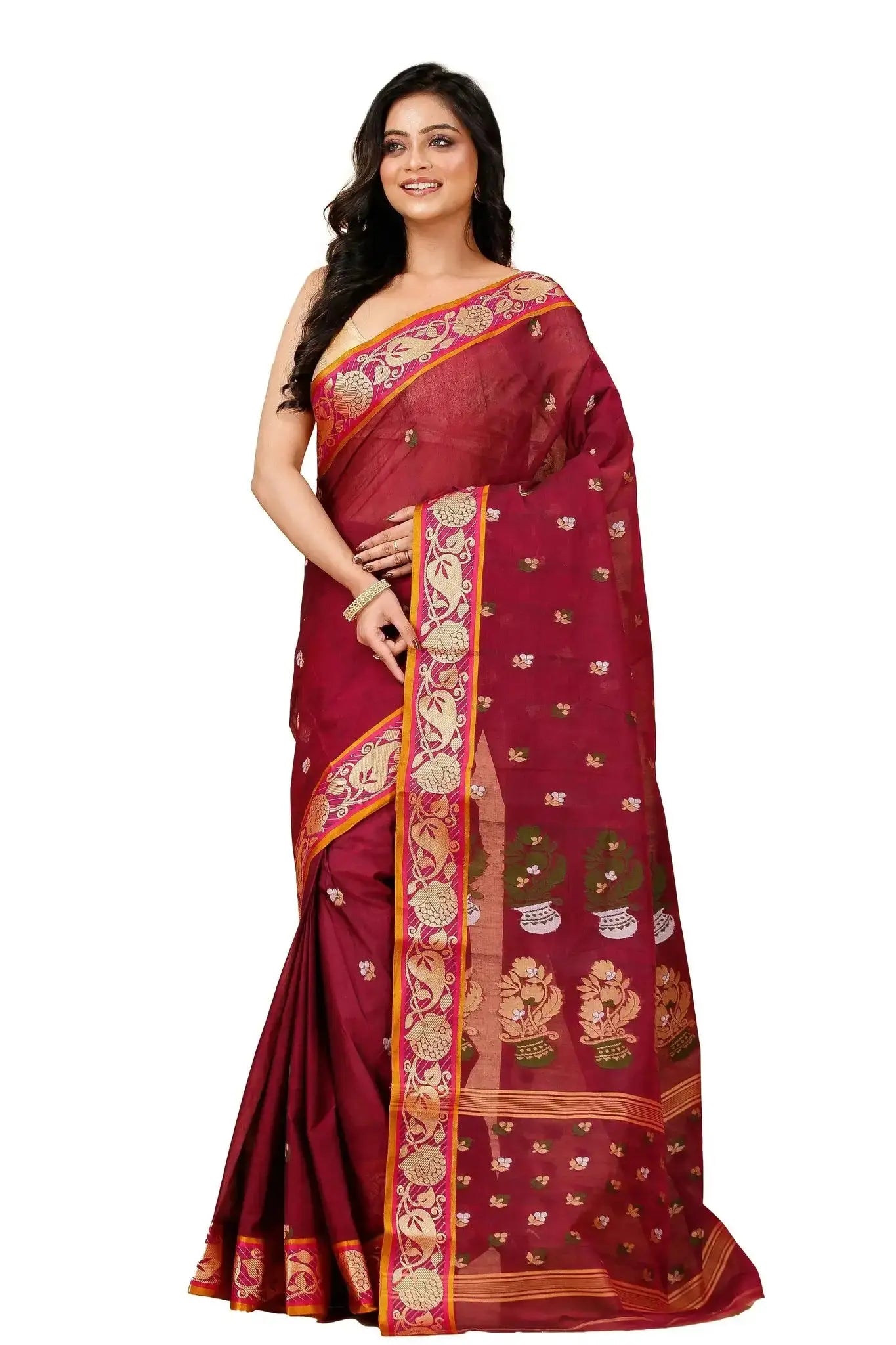 Red Wine- Pure Cotton Bengal Handloom Saree With Ornate Paisley Border