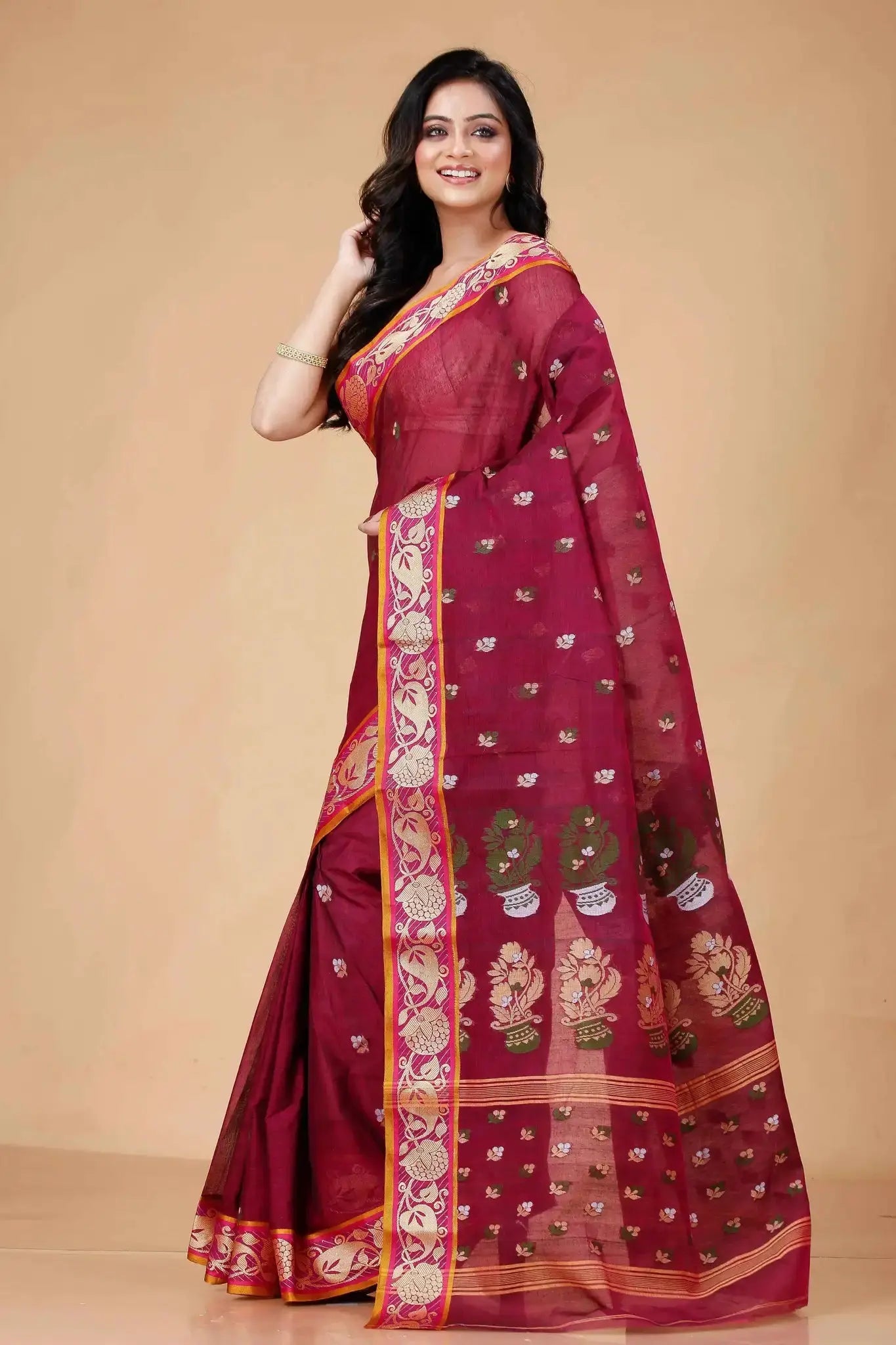 Red Wine- Pure Cotton Bengal Handloom Saree With Ornate Paisley Border