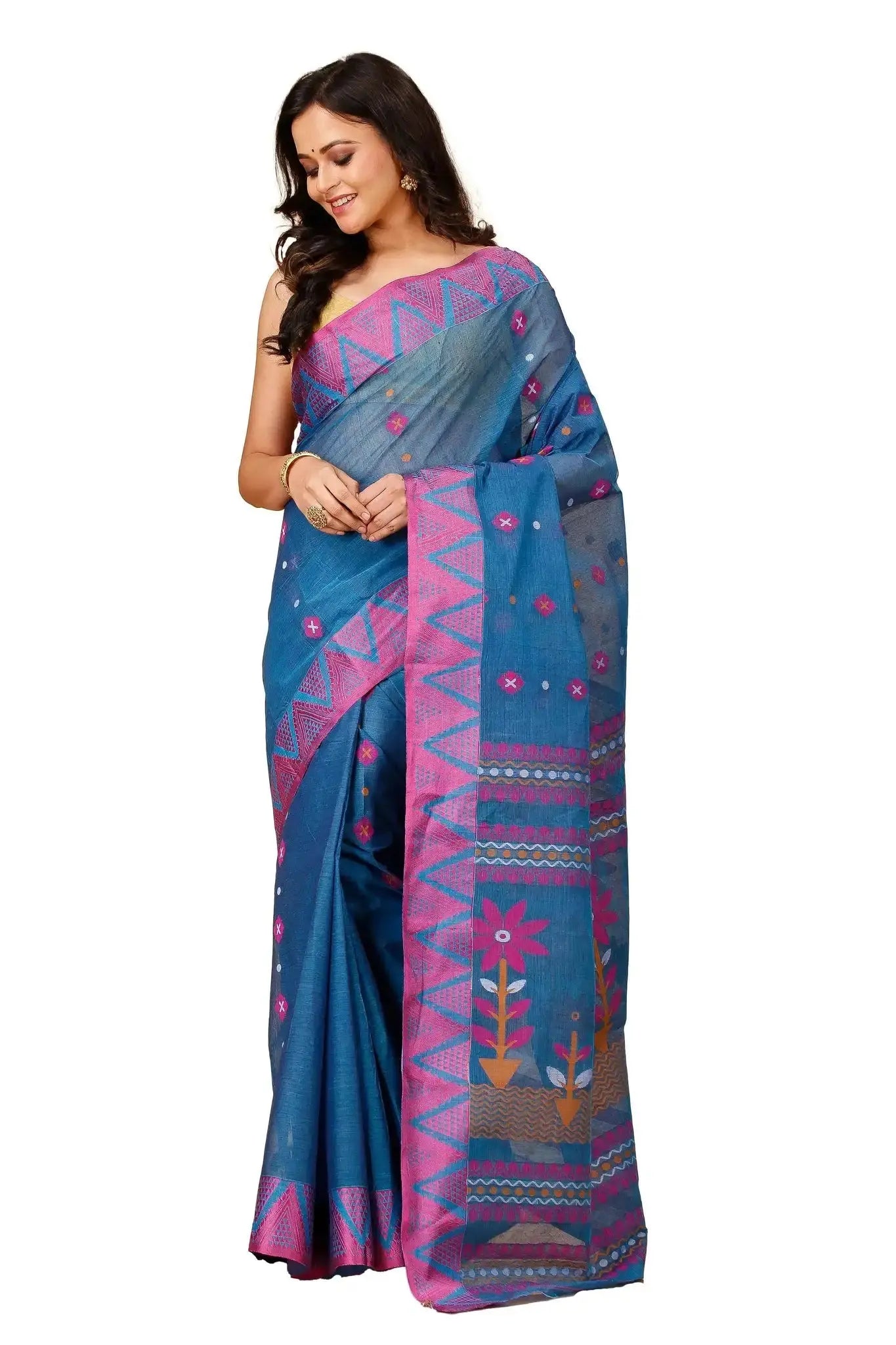 Peacock Blue- Pure Cotton Bengal Handloom Saree With Floral Woven Detailing