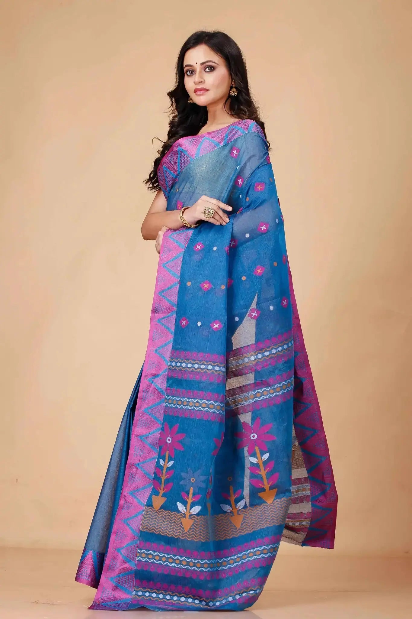Peacock Blue- Pure Cotton Bengal Handloom Saree With Floral Woven Detailing