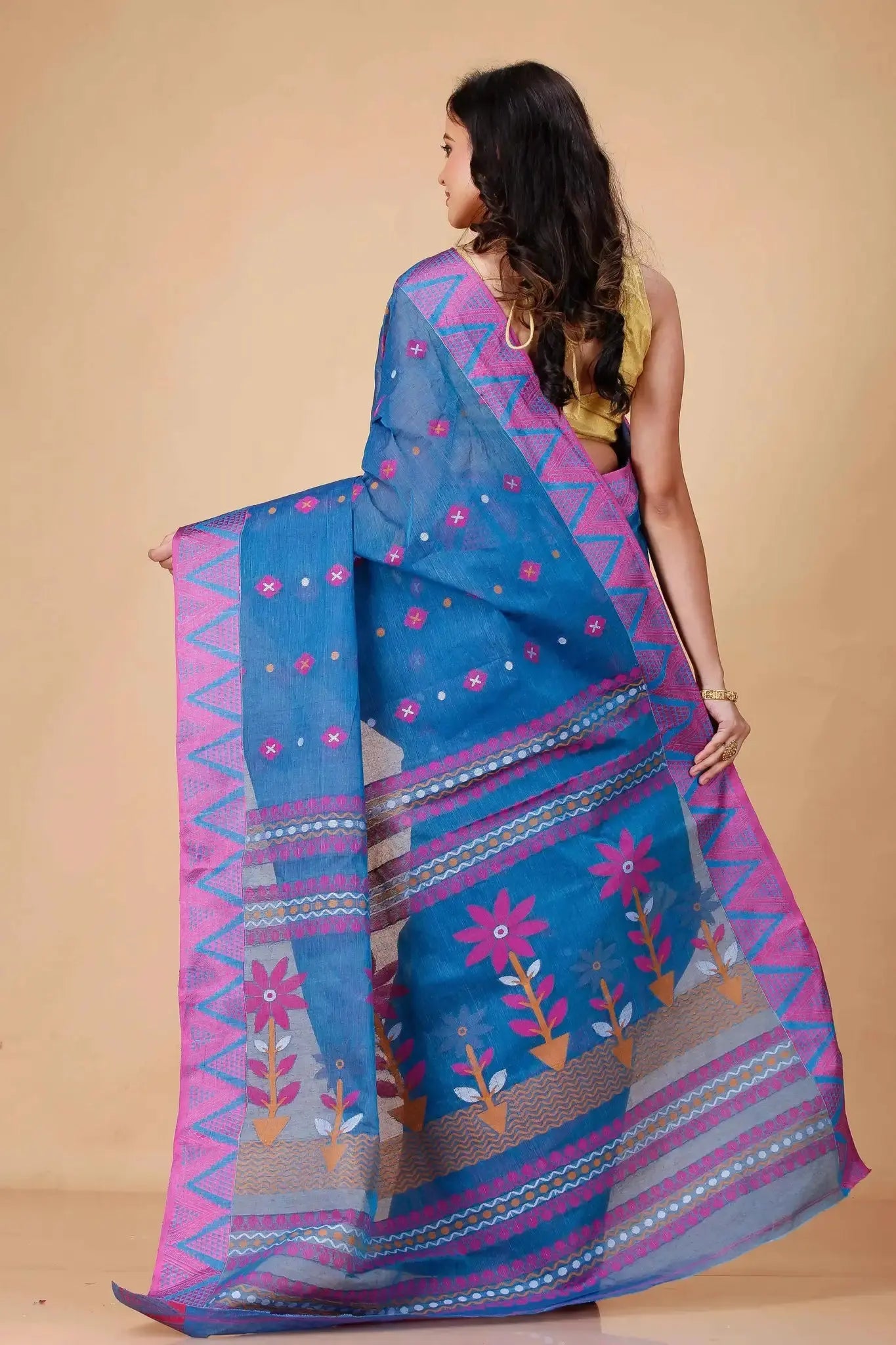 Peacock Blue- Pure Cotton Bengal Handloom Saree With Floral Woven Detailing