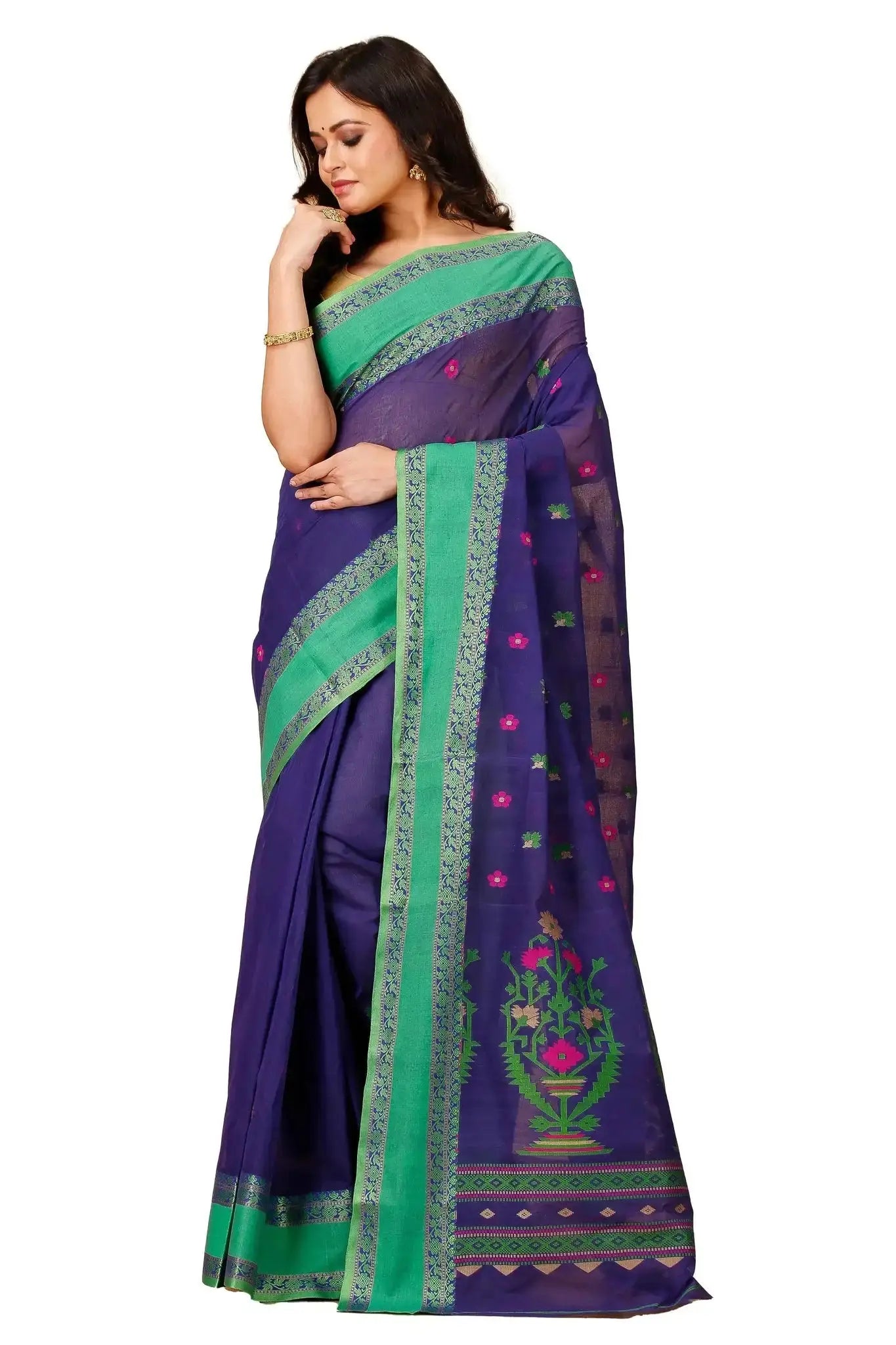 Dark Lavender- Pure Cotton Bengal Handloom Floral Embroidery With Green Border Saree