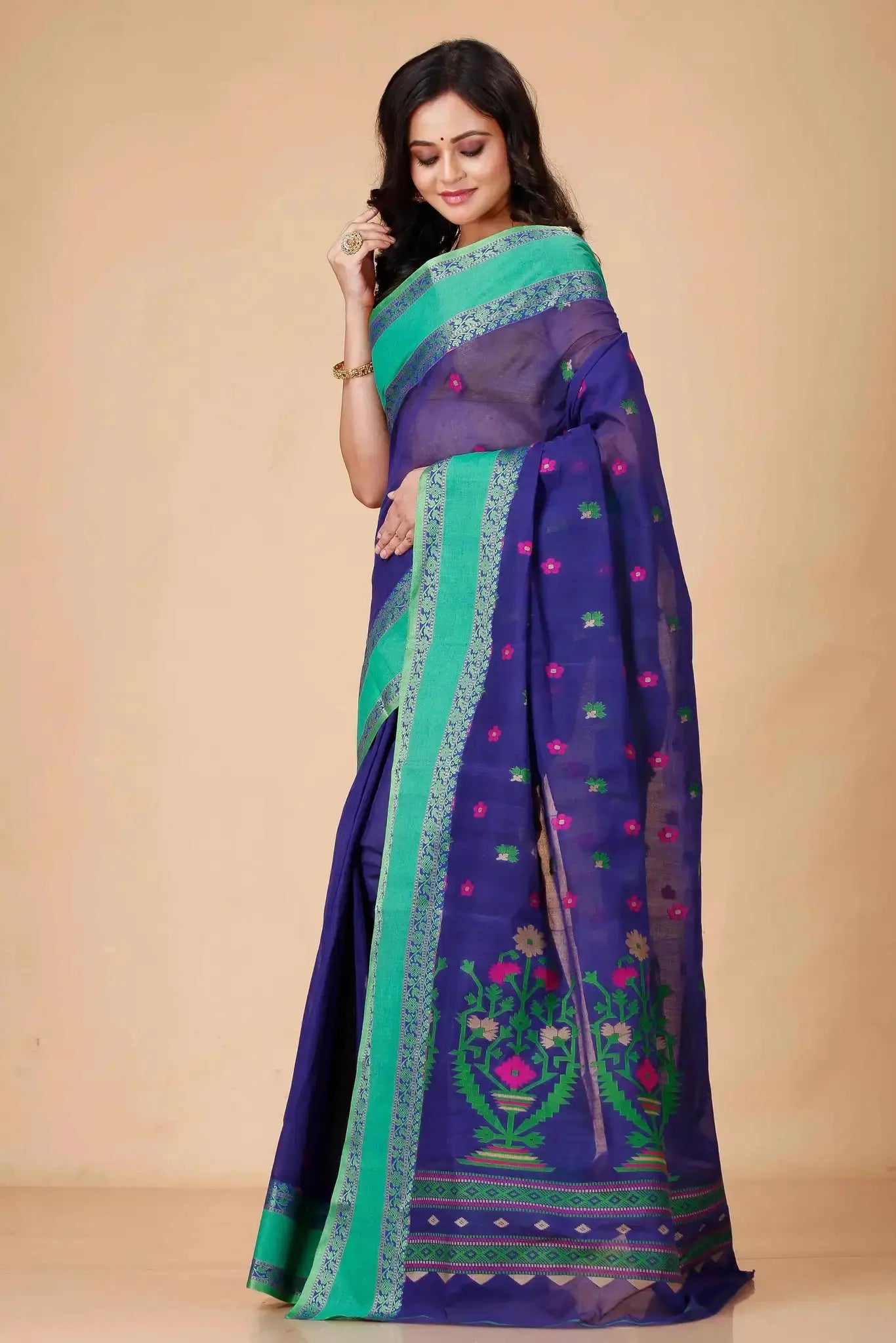 Dark Lavender- Pure Cotton Bengal Handloom Floral Embroidery With Green Border Saree