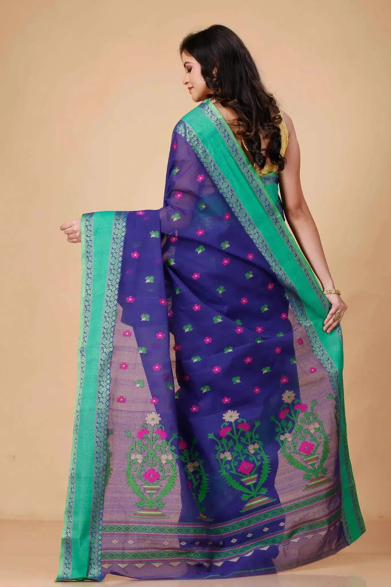 Dark Lavender- Pure Cotton Bengal Handloom Floral Embroidery With Green Border Saree