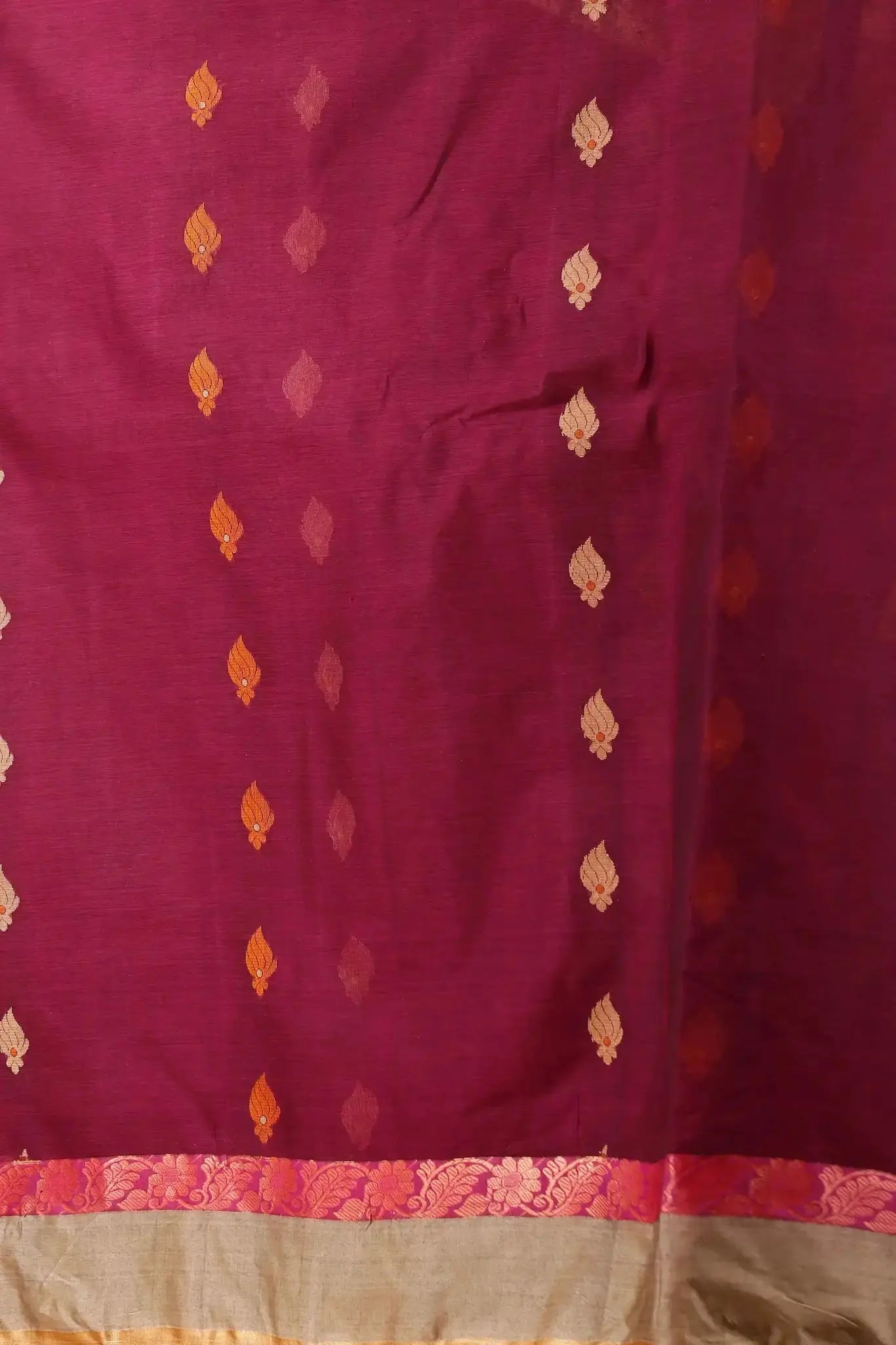 Wine Red- Pure Cotton Bengal Handloom Handwoven Saree With Elegant Border