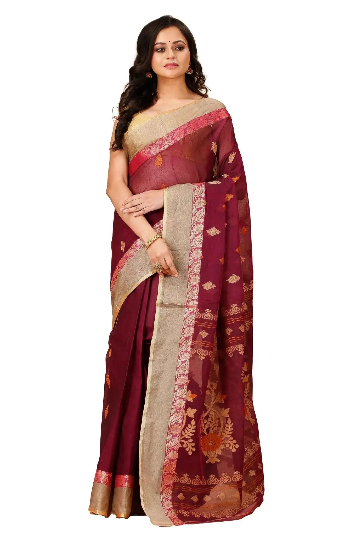 Wine Red- Pure Cotton Bengal Handloom Handwoven Saree With Elegant Border