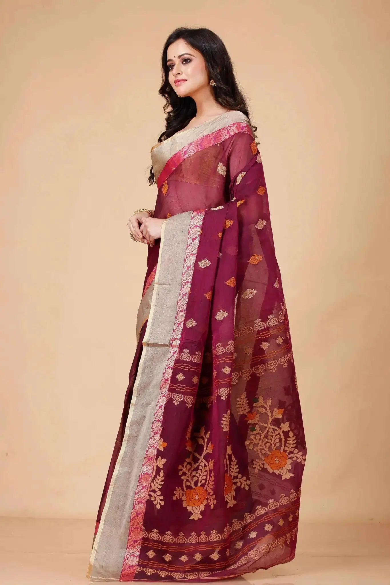Wine Red- Pure Cotton Bengal Handloom Handwoven Saree With Elegant Border