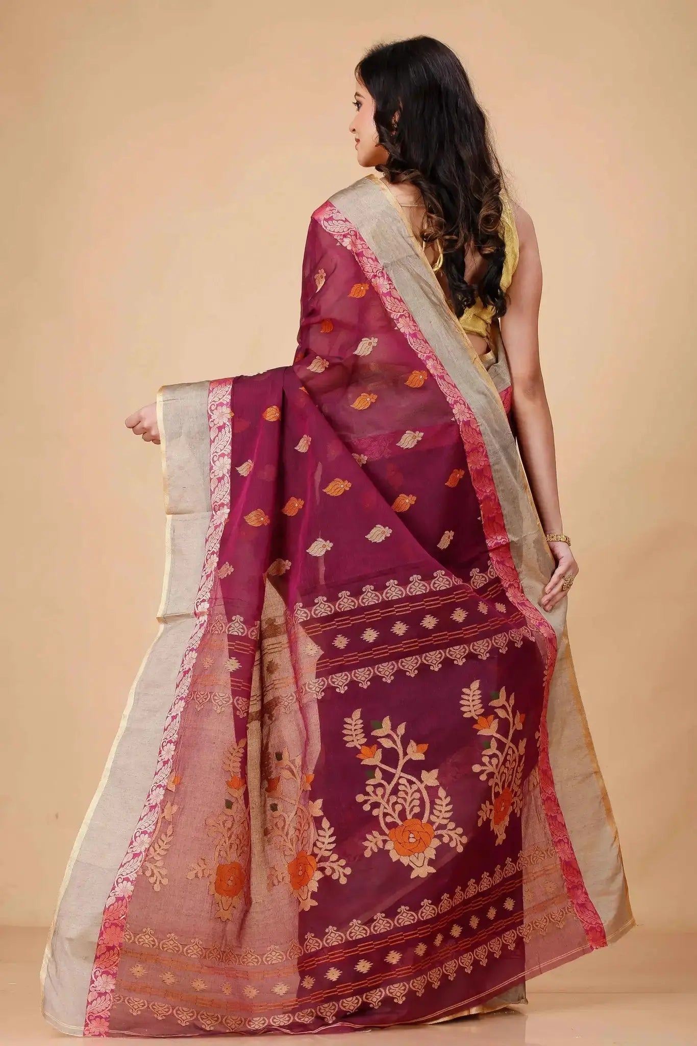Wine Red- Pure Cotton Bengal Handloom Handwoven Saree With Elegant Border