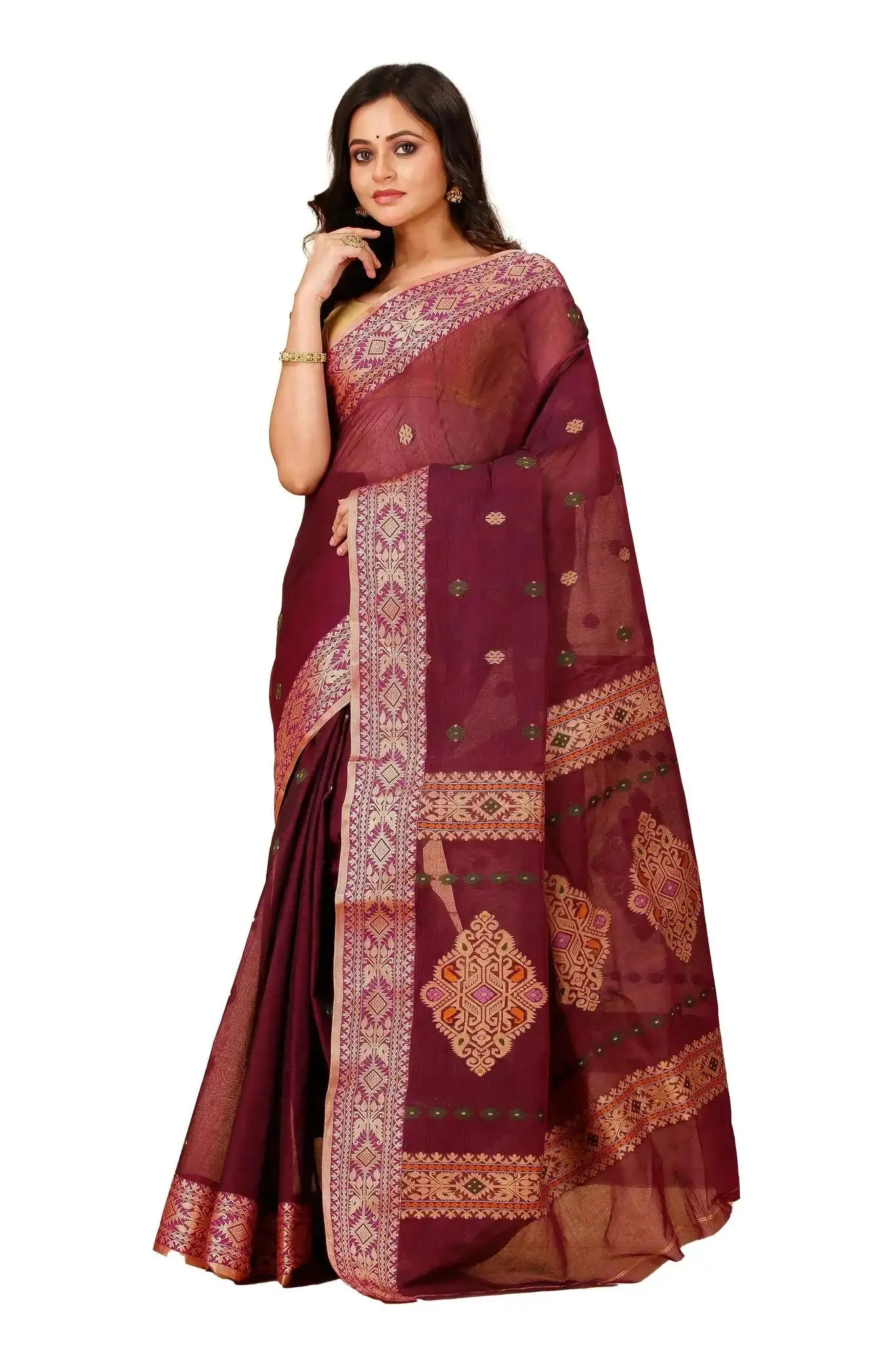 Wine Red- Pure Cotton Bengal Handloom Traditional Handwoven Saree With Rich Pallu
