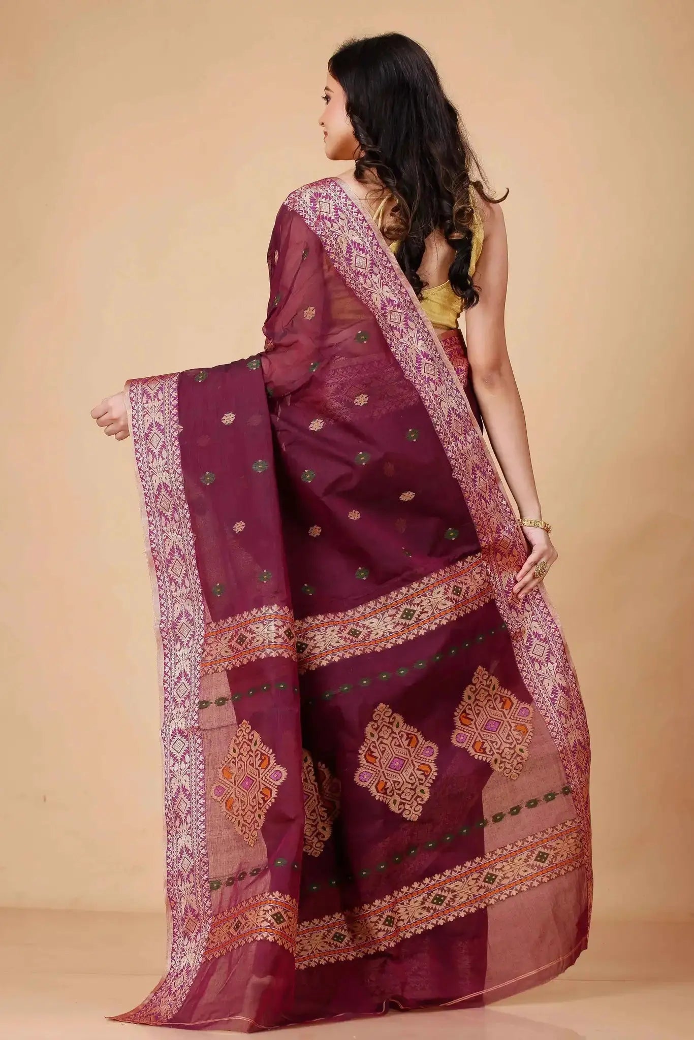 Wine Red- Pure Cotton Bengal Handloom Traditional Handwoven Saree With Rich Pallu