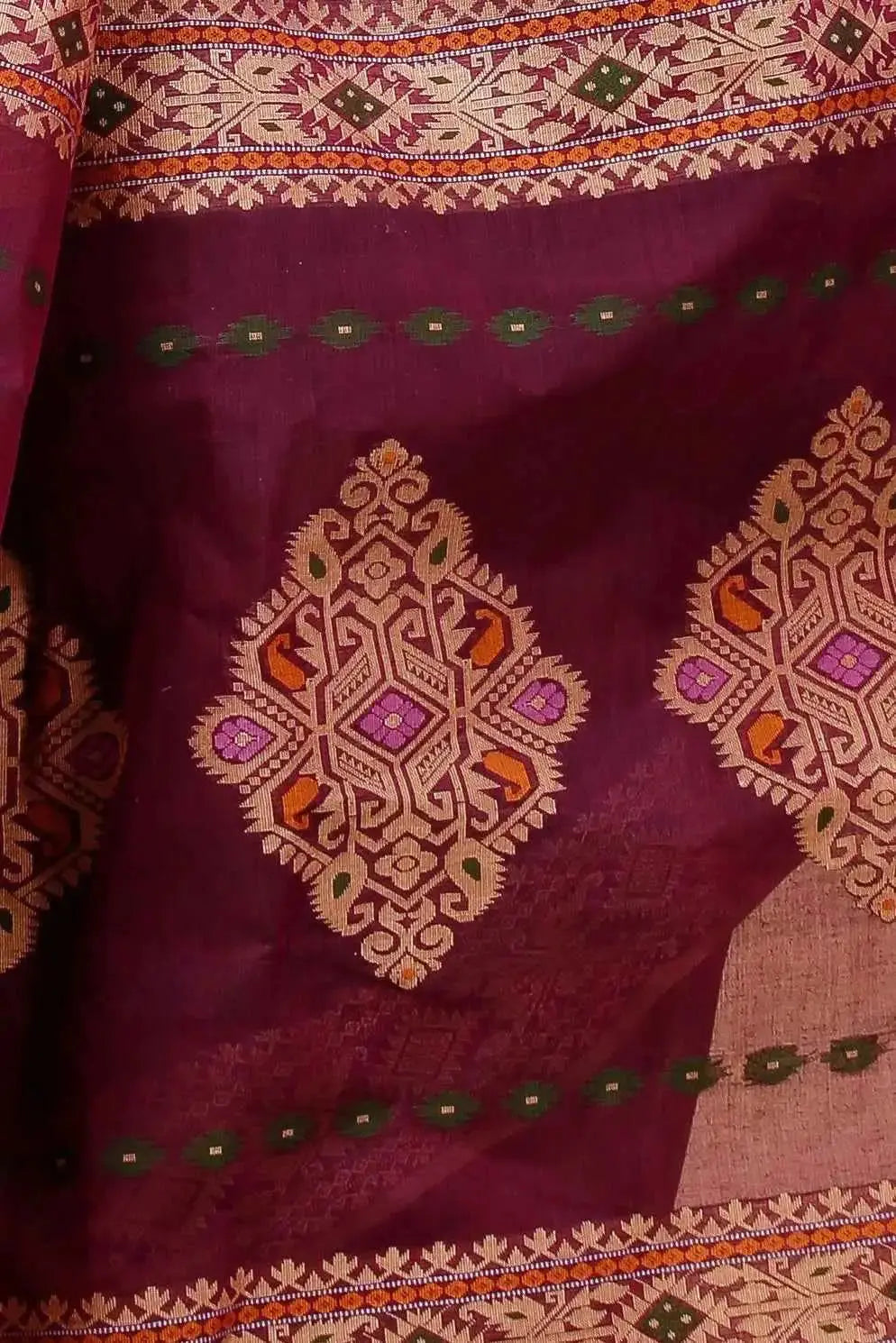 Wine Red- Pure Cotton Bengal Handloom Traditional Handwoven Saree With Rich Pallu