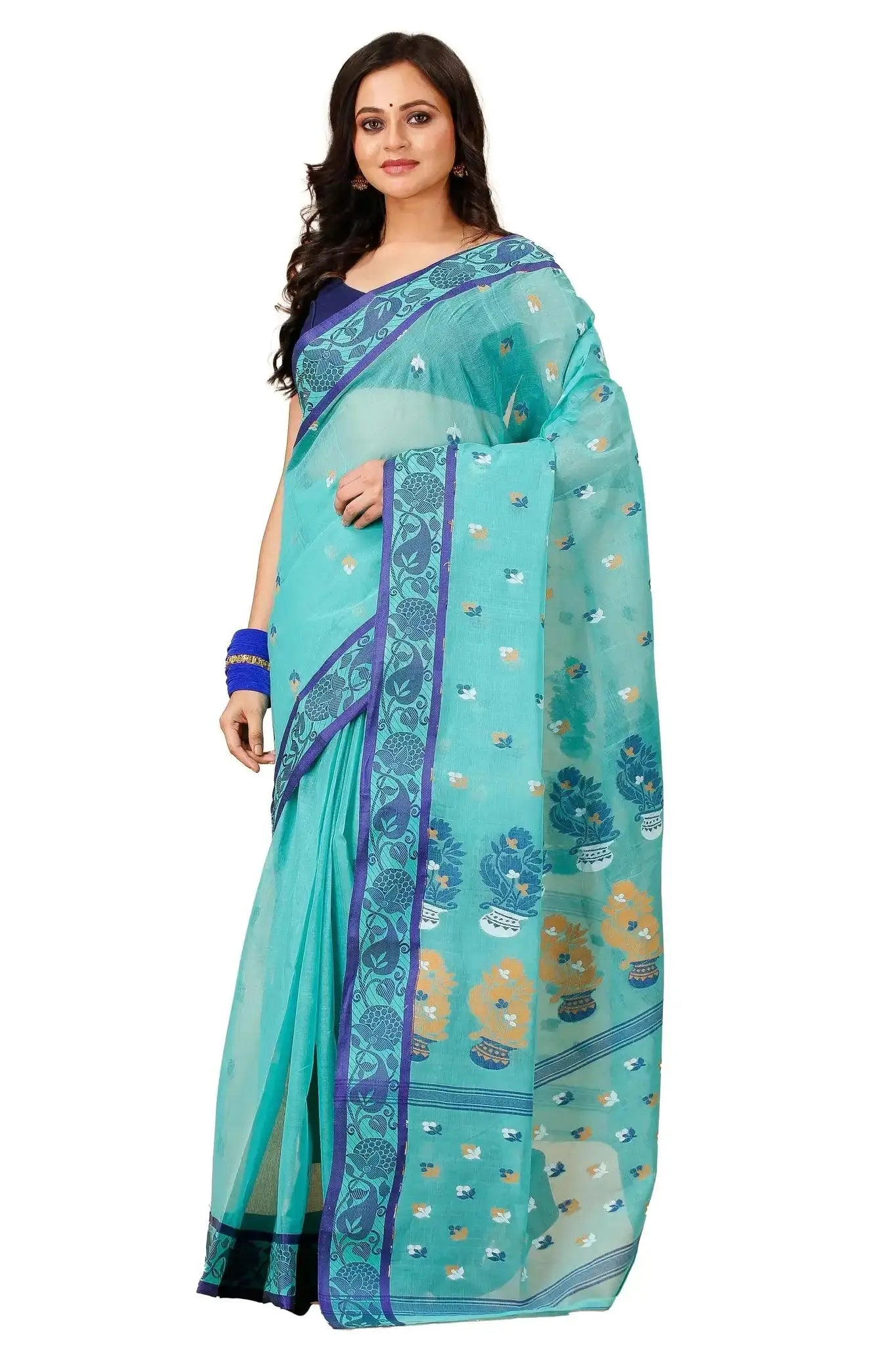 Turquoise- Pure Cotton Bengal Handloom Saree With Handwoven Motifs Border