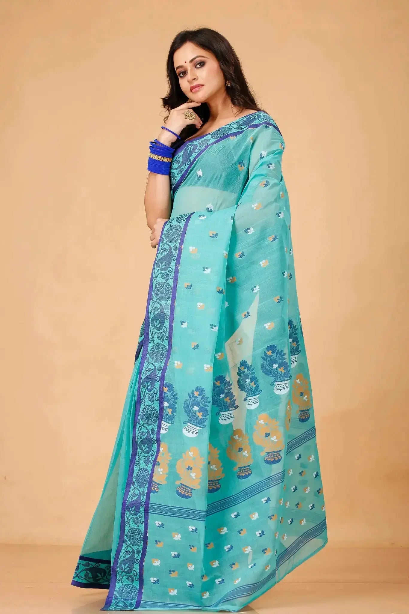 Turquoise- Pure Cotton Bengal Handloom Saree With Handwoven Motifs Border