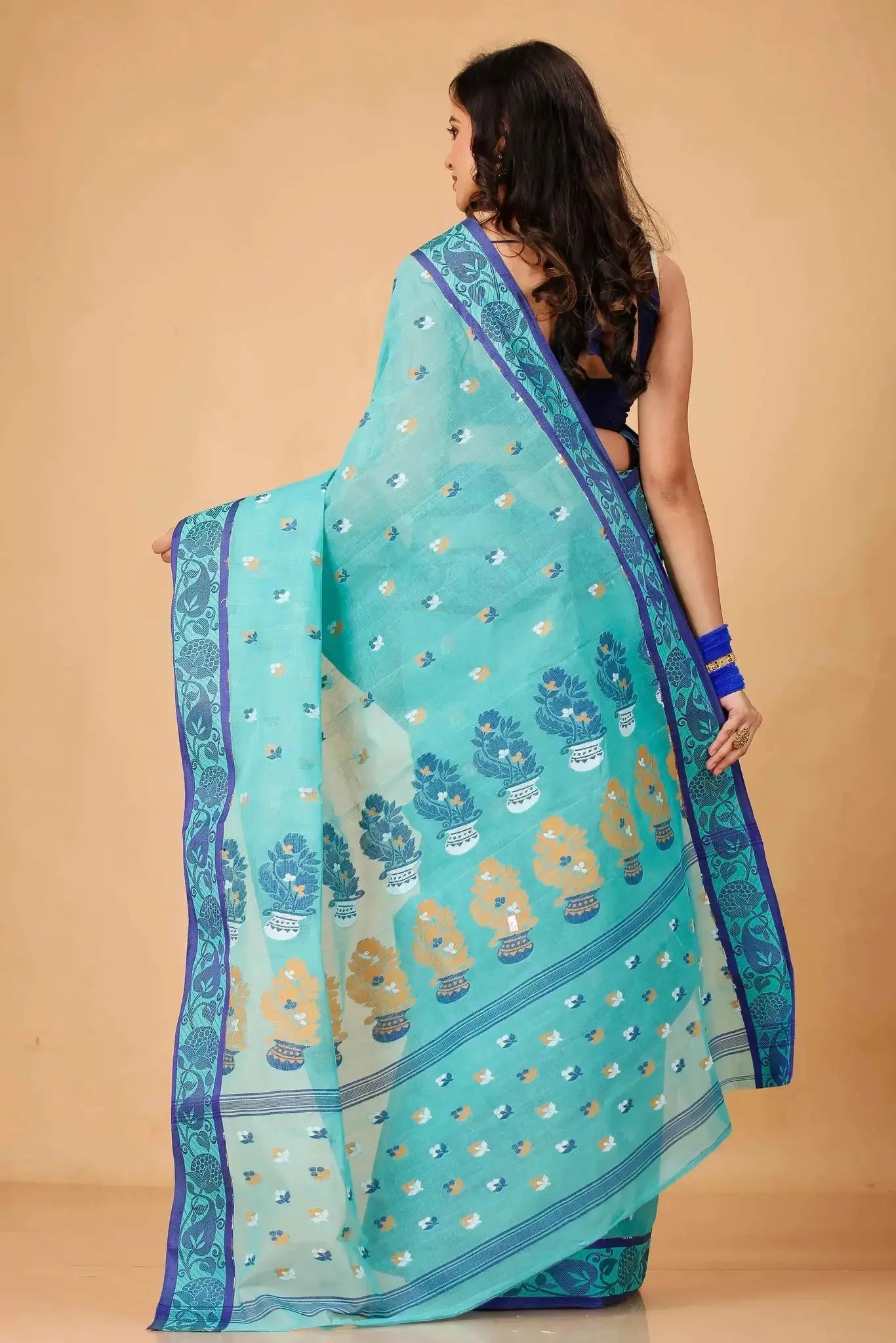 Turquoise- Pure Cotton Bengal Handloom Saree With Handwoven Motifs Border