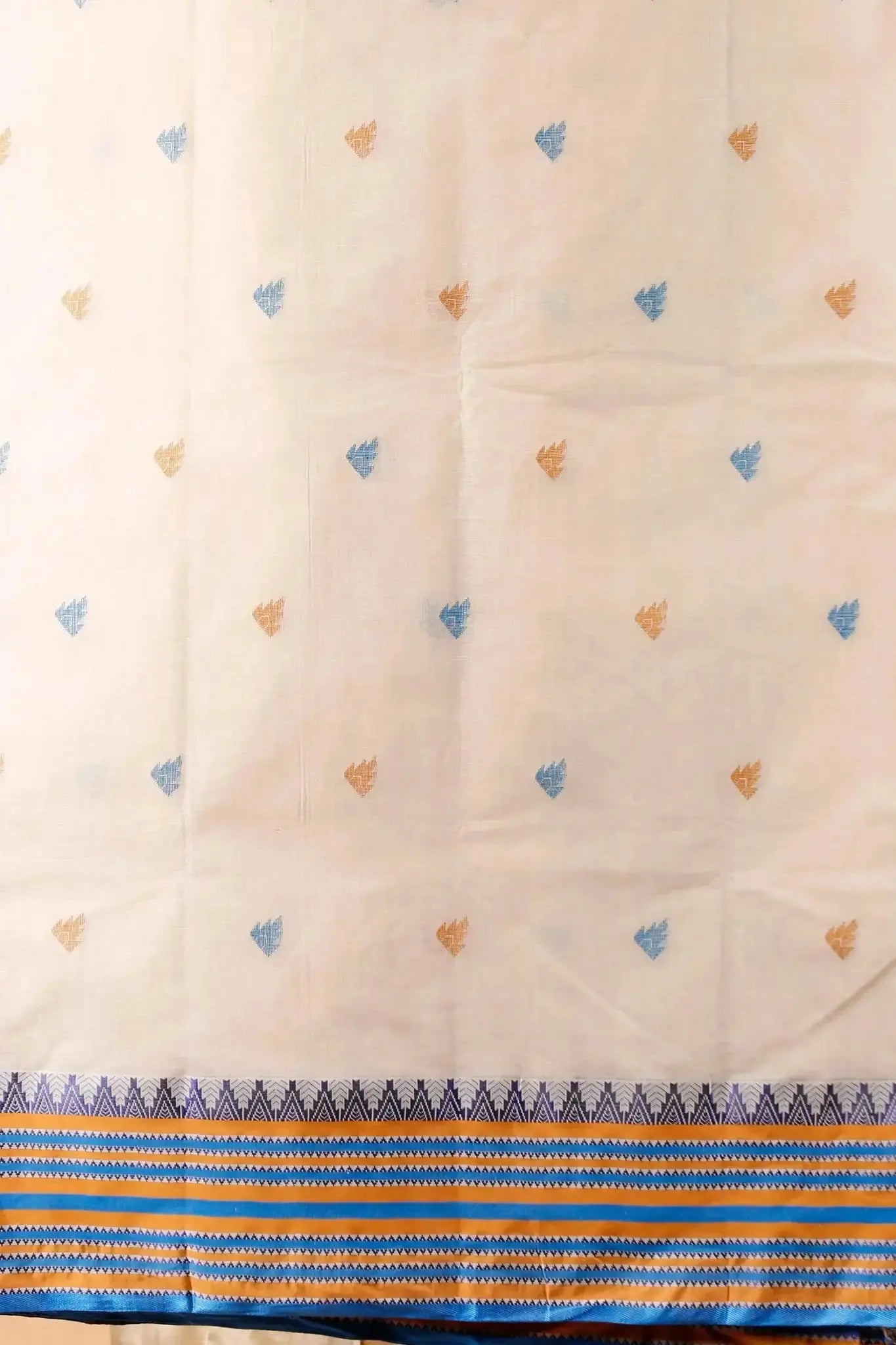 Blue and Beige- Pure Cotton Bengal Handloom Saree With Striped Border