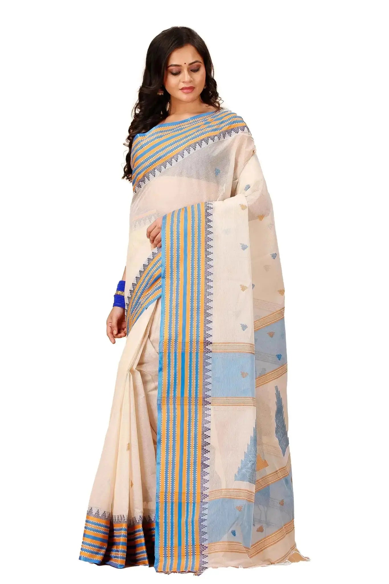 Blue and Beige- Pure Cotton Bengal Handloom Saree With Striped Border