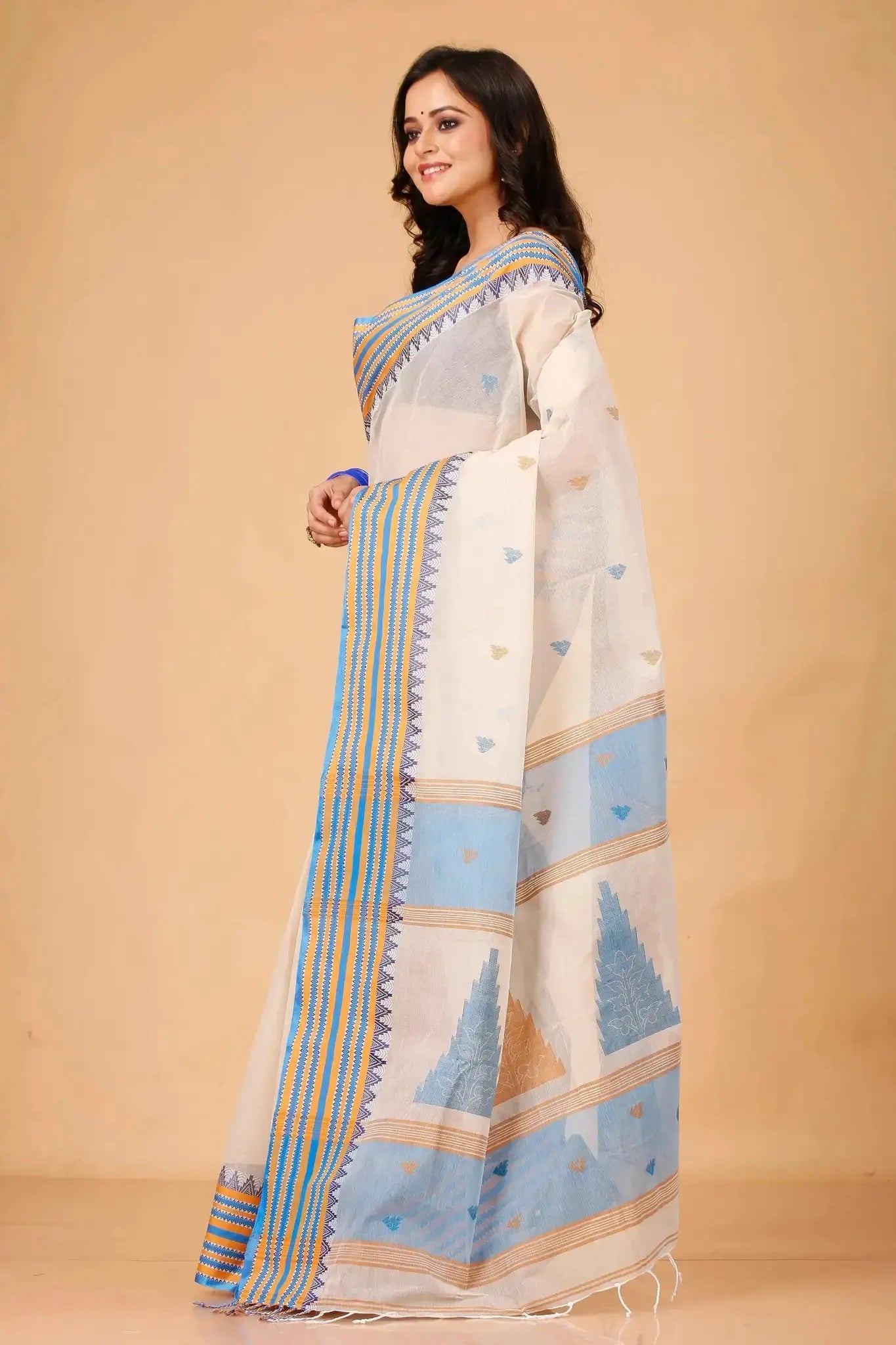 Blue and Beige- Pure Cotton Bengal Handloom Saree With Striped Border