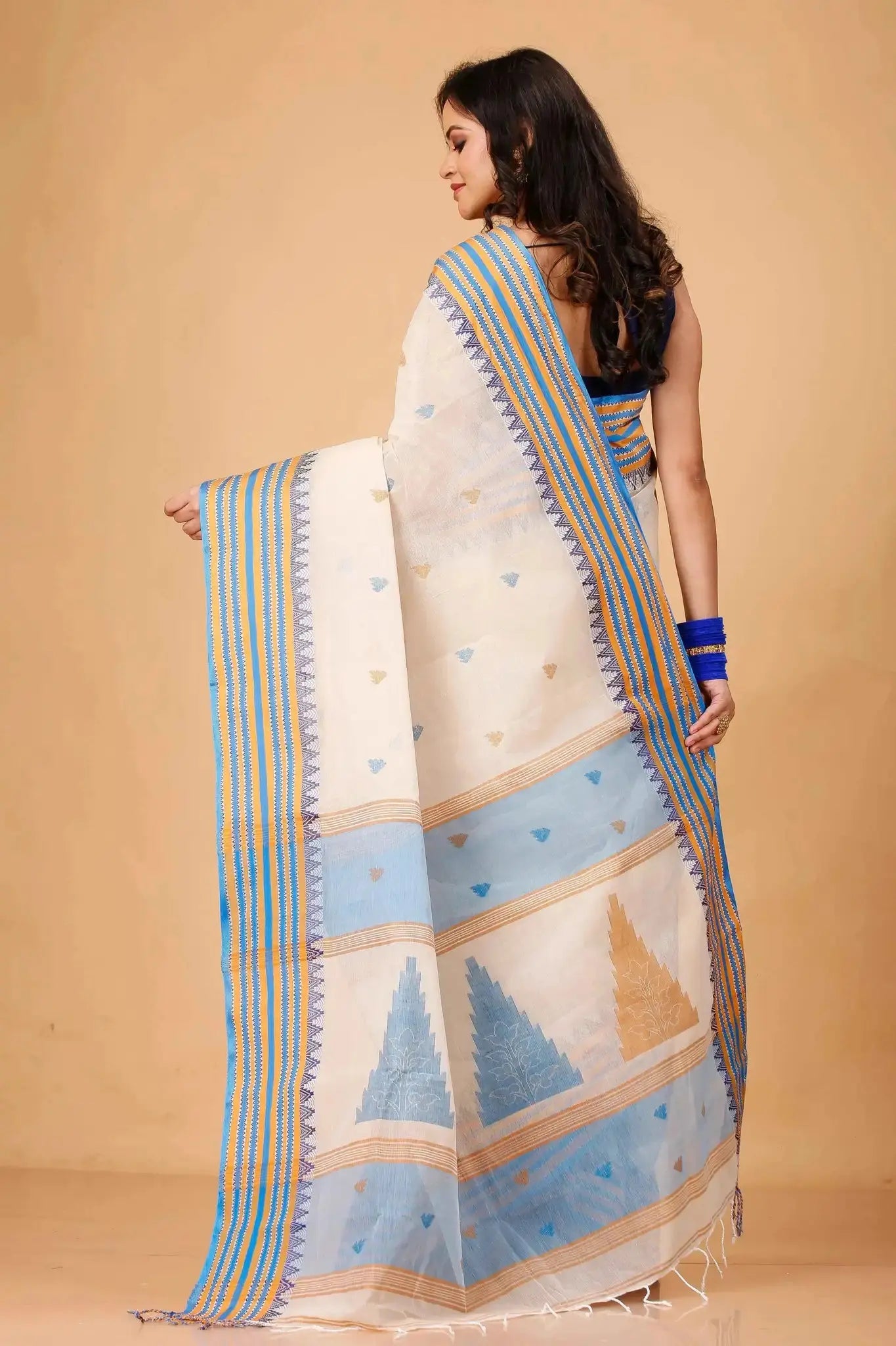 Blue and Beige- Pure Cotton Bengal Handloom Saree With Striped Border