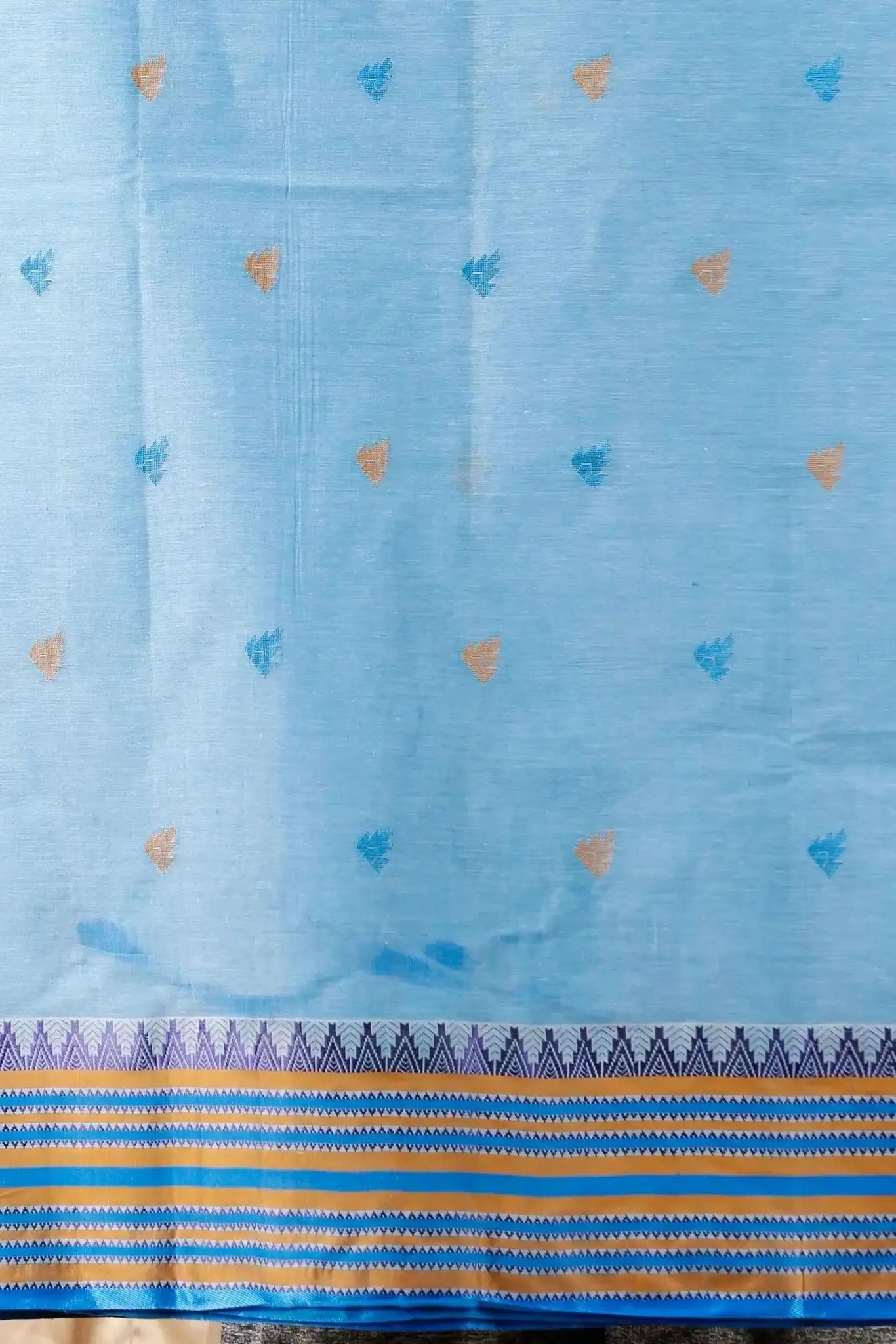 Carolina Blue- Pure Cotton Bengal Handloom Saree With Orange Striped Border