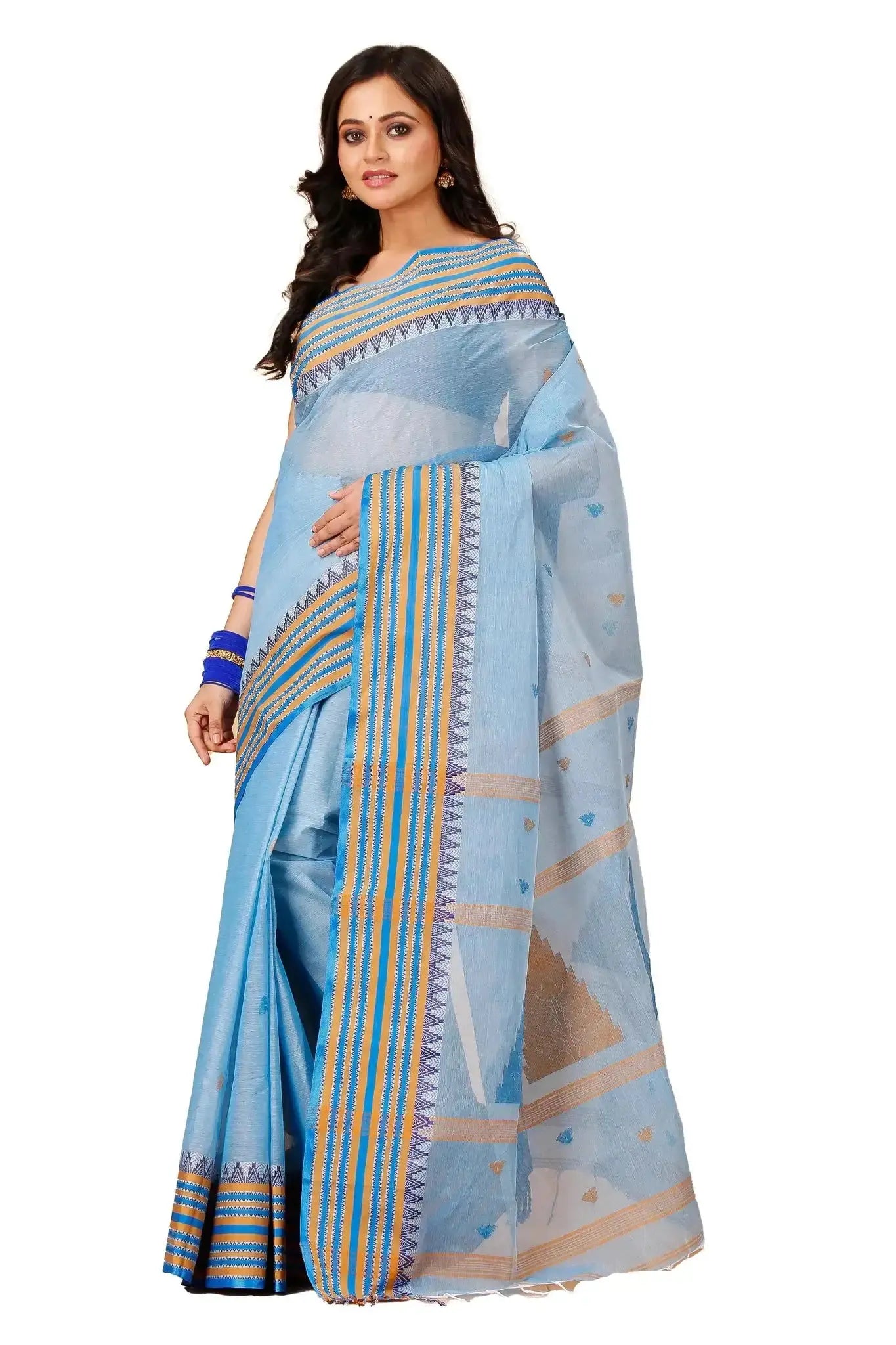 Carolina Blue- Pure Cotton Bengal Handloom Saree With Orange Striped Border