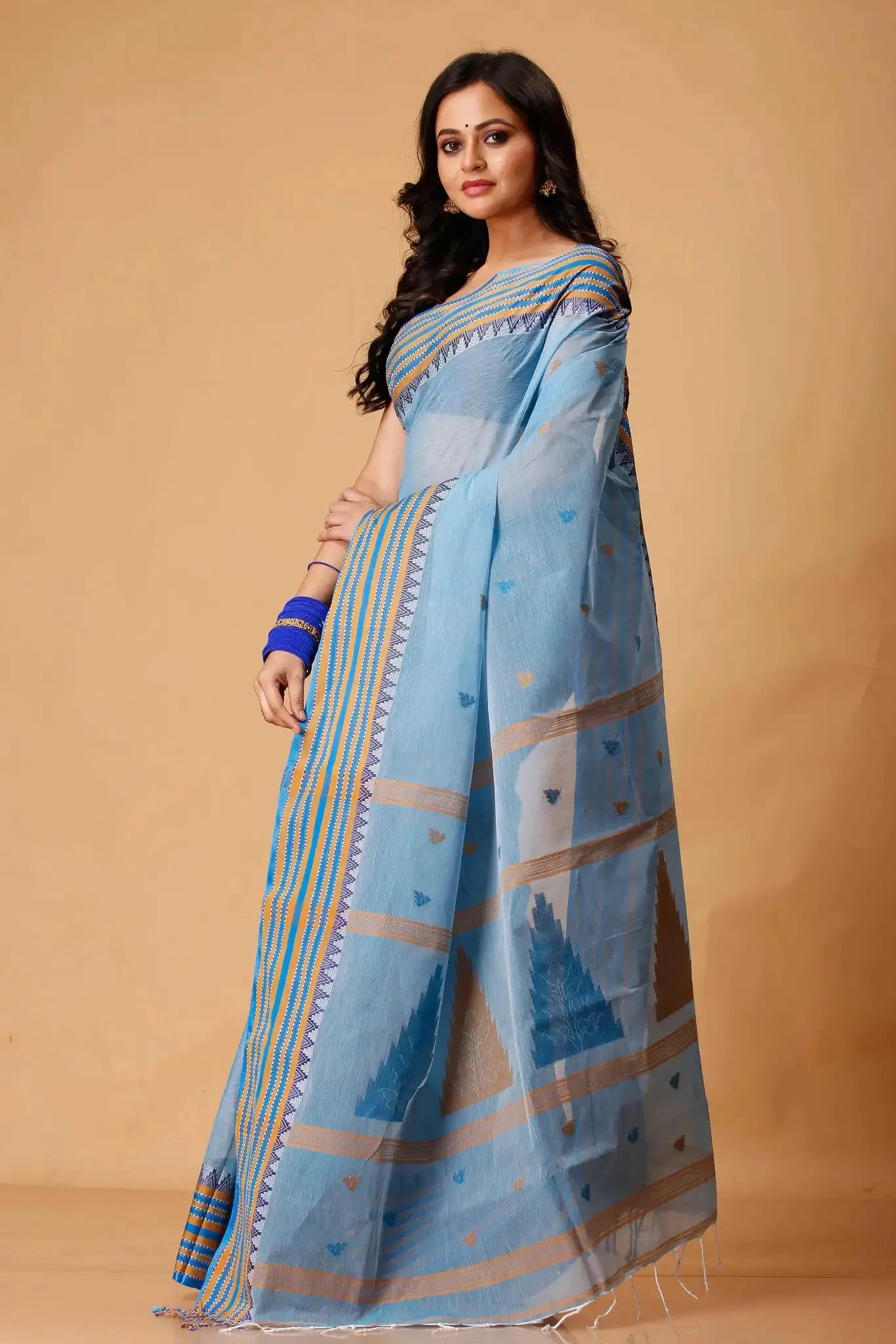 Carolina Blue- Pure Cotton Bengal Handloom Saree With Orange Striped Border