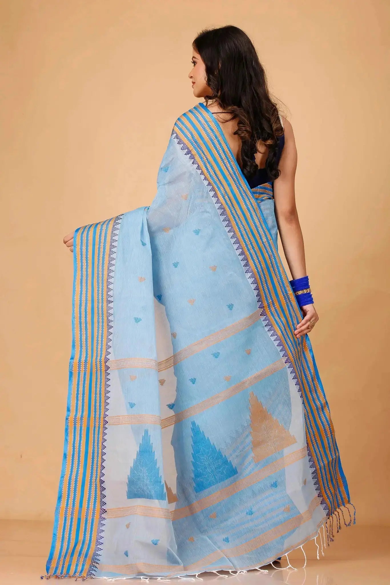 Carolina Blue- Pure Cotton Bengal Handloom Saree With Orange Striped Border
