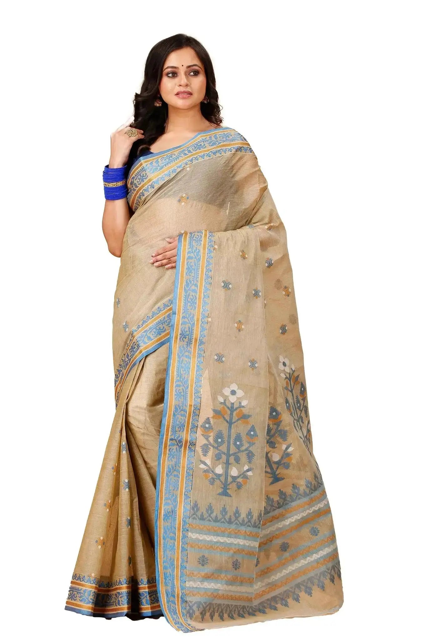 Beige- Pure Cotton Bengal Handloom Floral Motifs & Rich Woven Pallu Saree