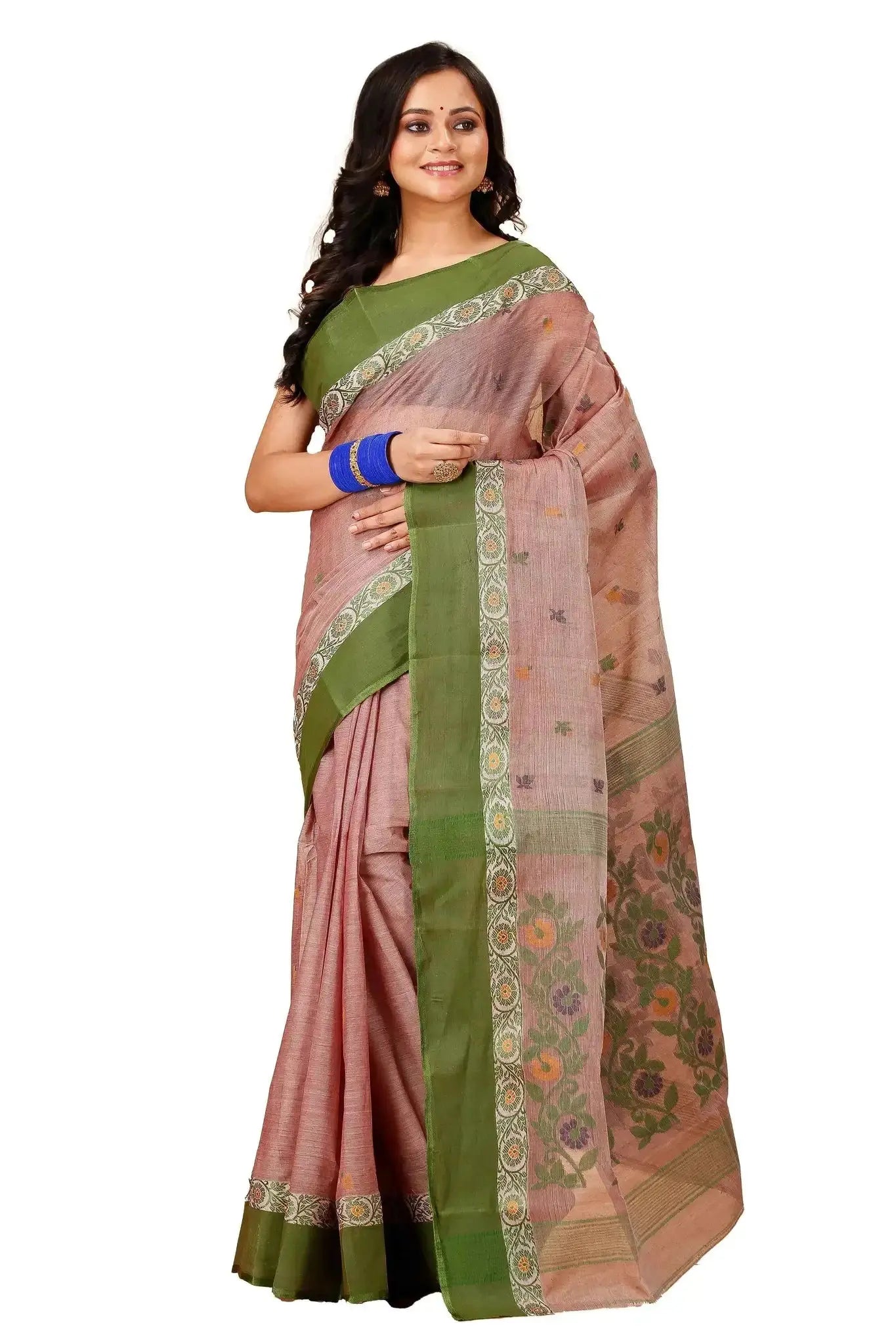 Brandy Rose- Pure Cotton Bengal Handloom Traditional Saree With Contrasting Border