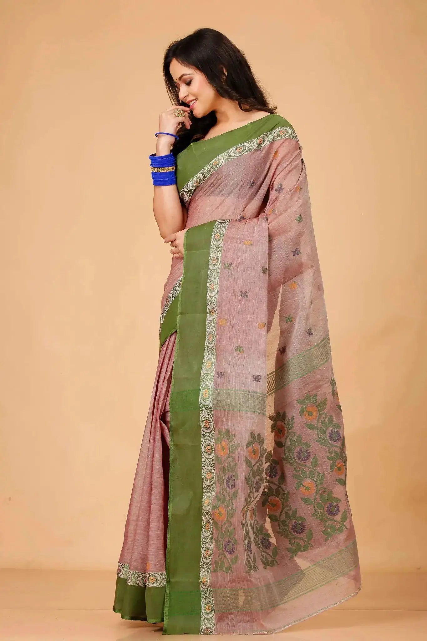 Brandy Rose- Pure Cotton Bengal Handloom Traditional Saree With Contrasting Border