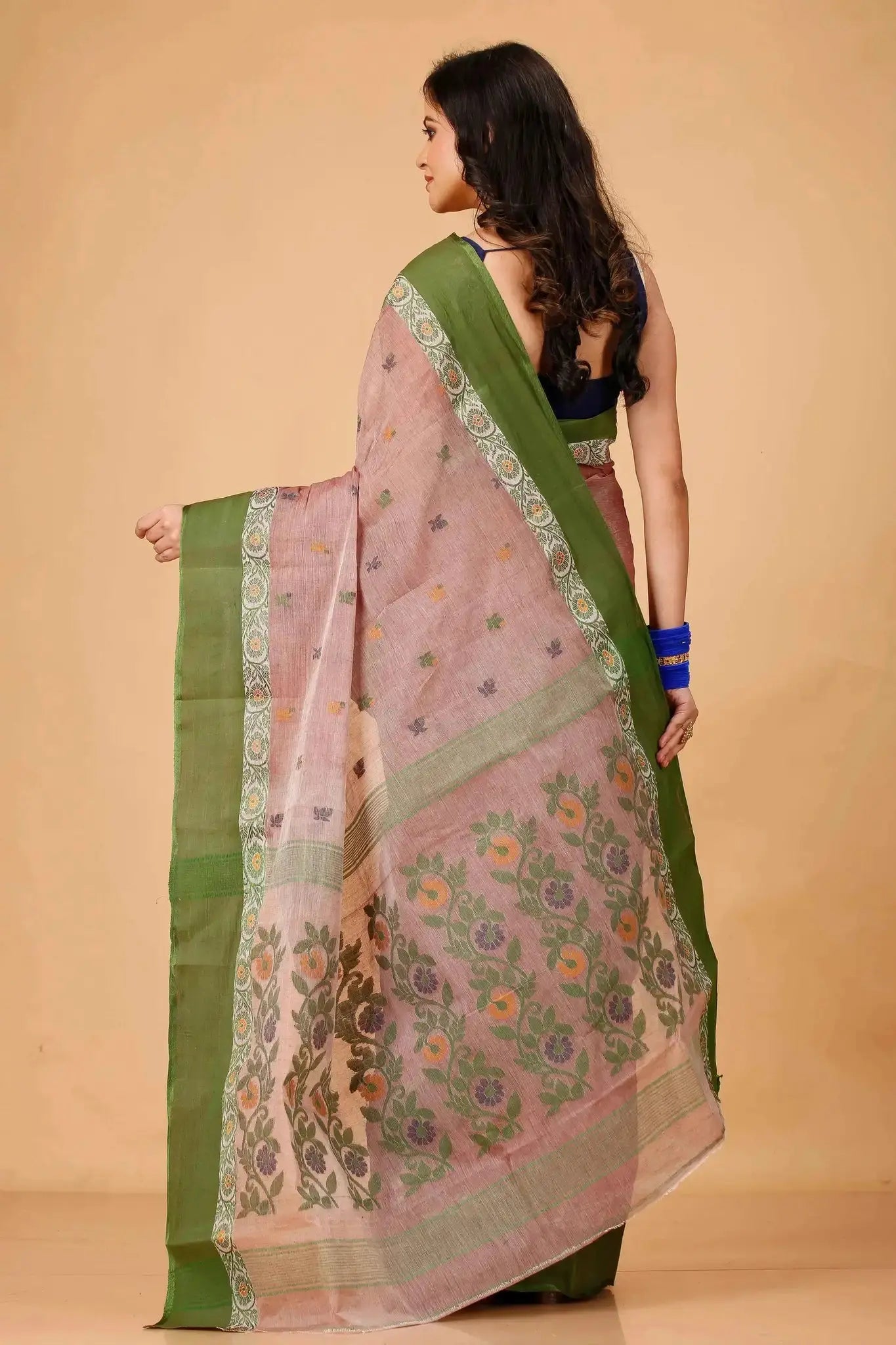 Brandy Rose- Pure Cotton Bengal Handloom Traditional Saree With Contrasting Border