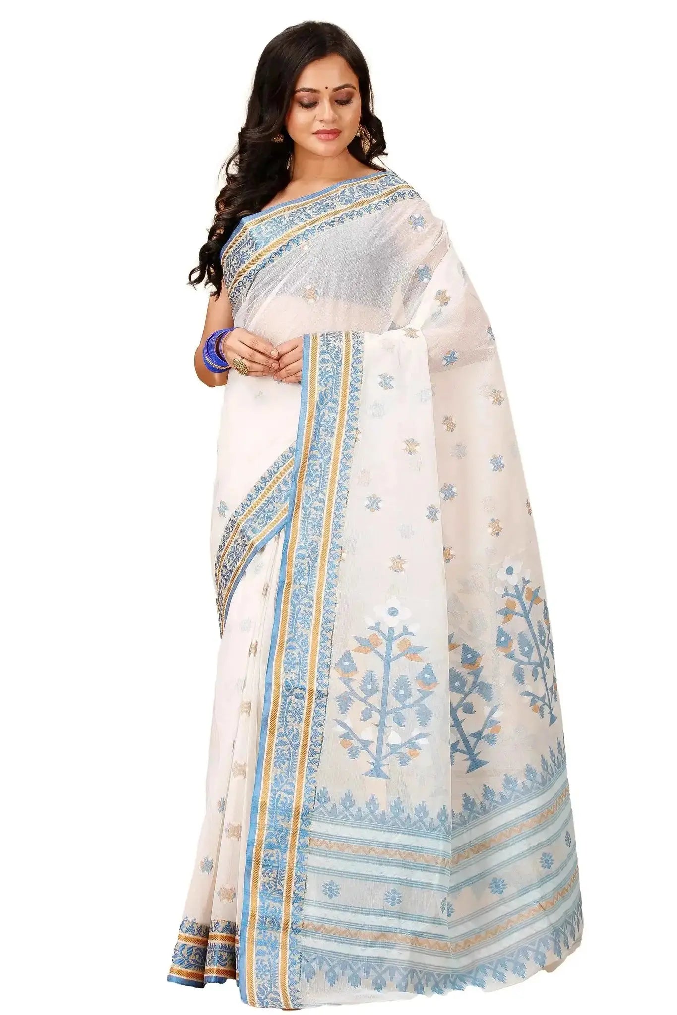 White Blue- Pure Cotton Bengal Handloom Traditional Floral Design With Elegant Pallu
