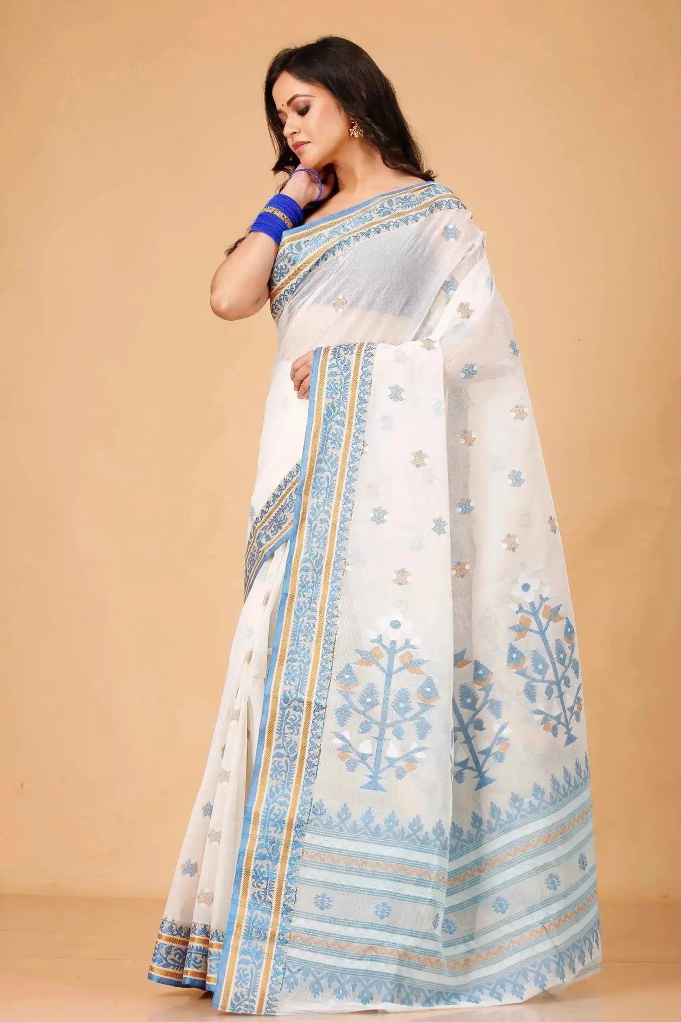 White Blue- Pure Cotton Bengal Handloom Traditional Floral Design With Elegant Pallu