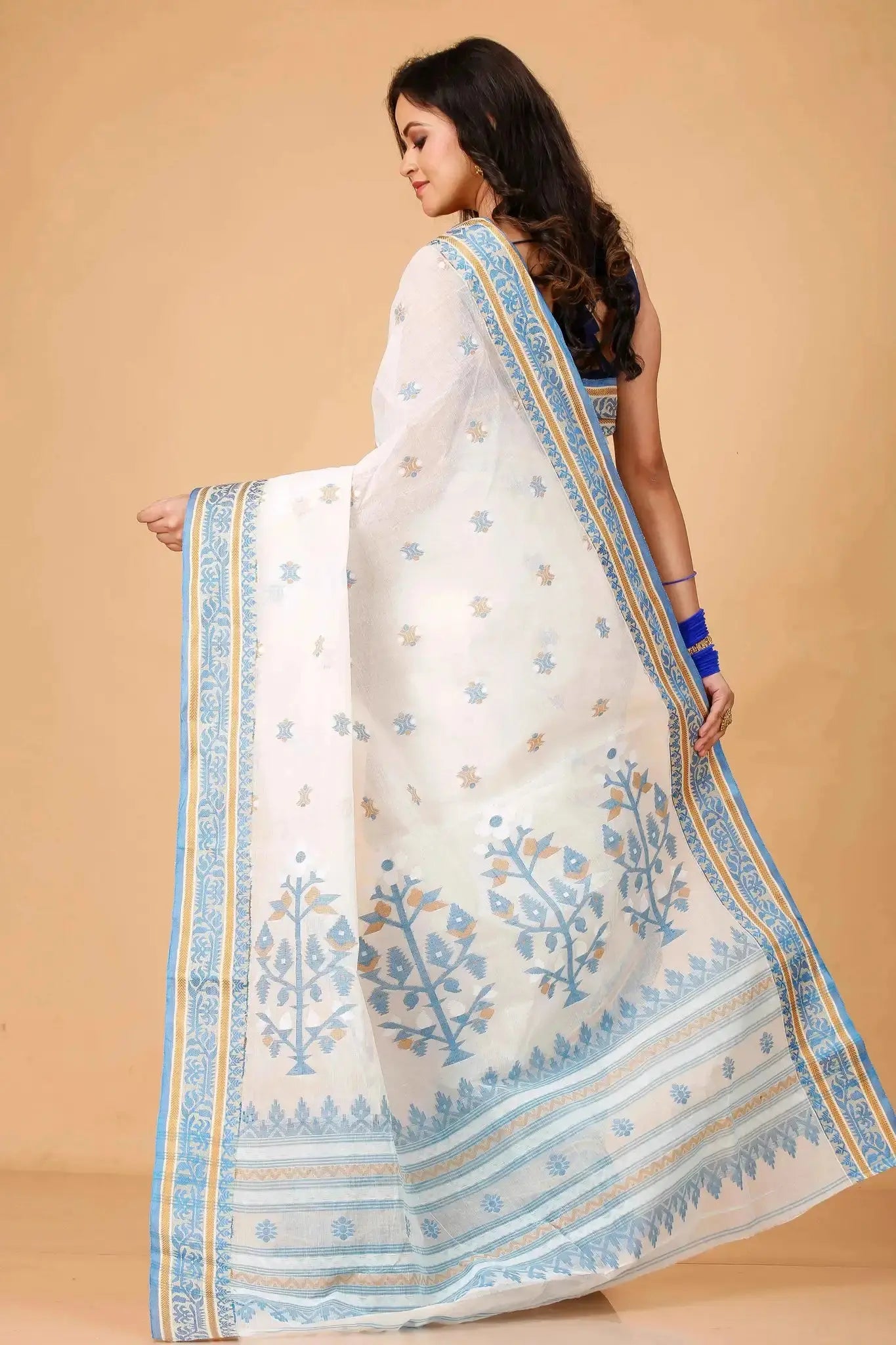 White Blue- Pure Cotton Bengal Handloom Traditional Floral Design With Elegant Pallu