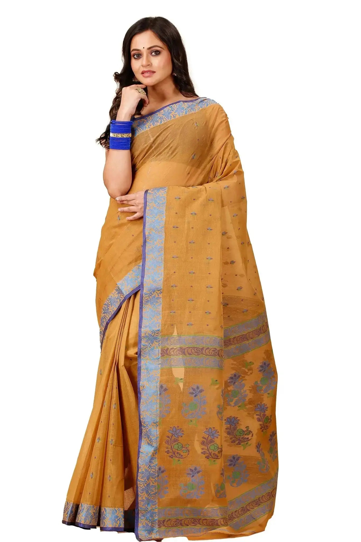 Sandy Brown- Pure Cotton Bengal Handloom Saree With Traditional Block Print Border