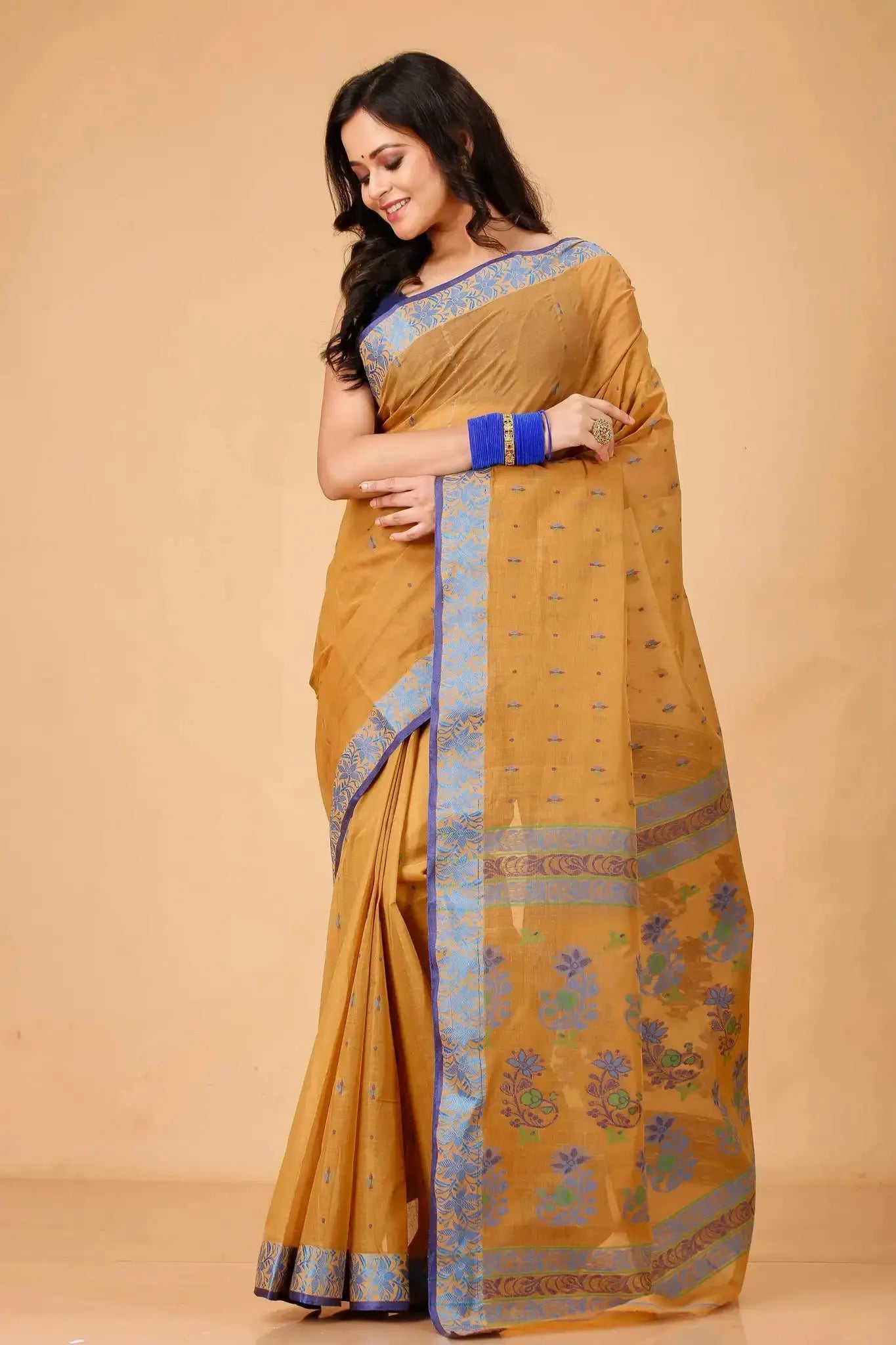 Sandy Brown- Pure Cotton Bengal Handloom Saree With Traditional Block Print Border