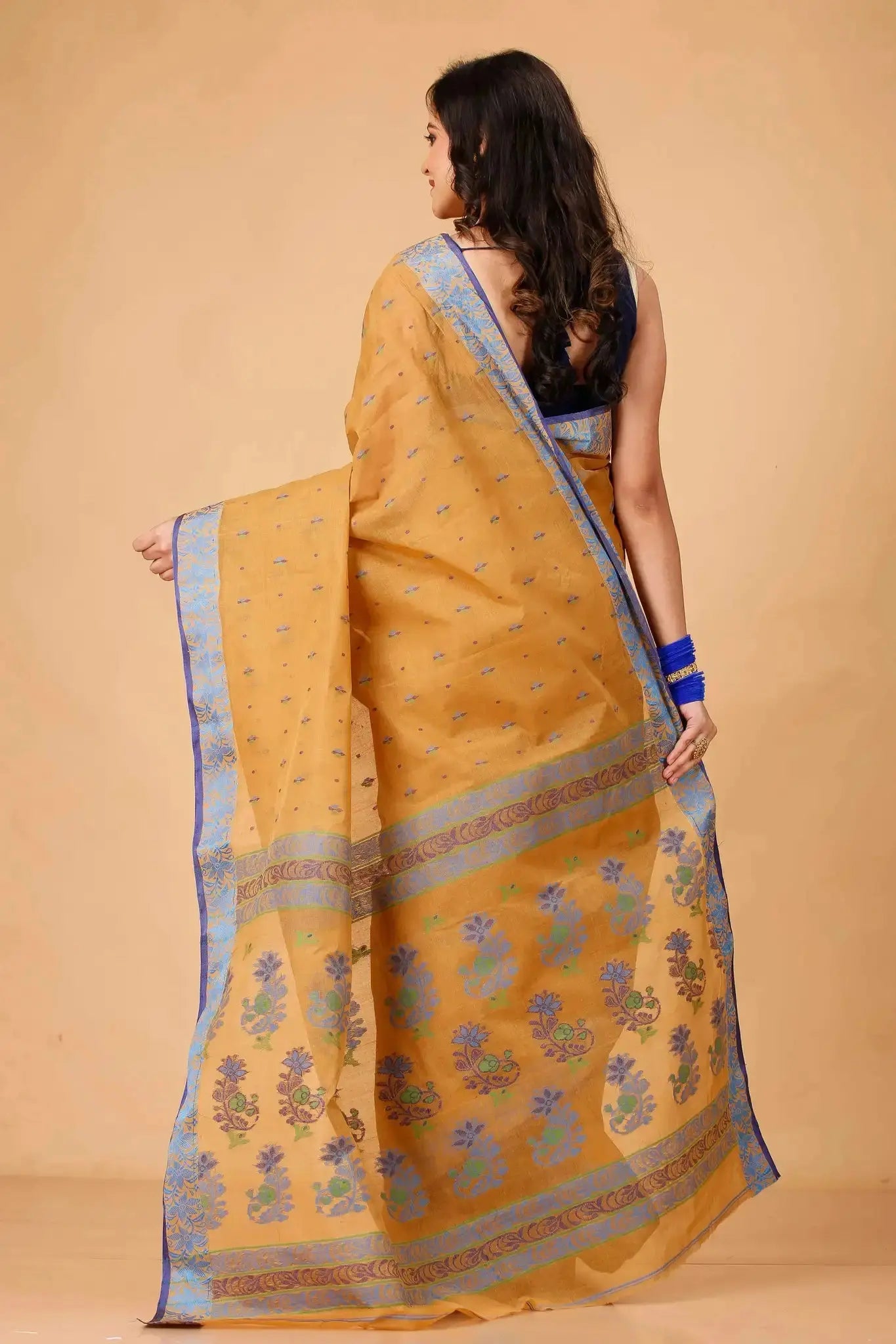 Sandy Brown- Pure Cotton Bengal Handloom Saree With Traditional Block Print Border