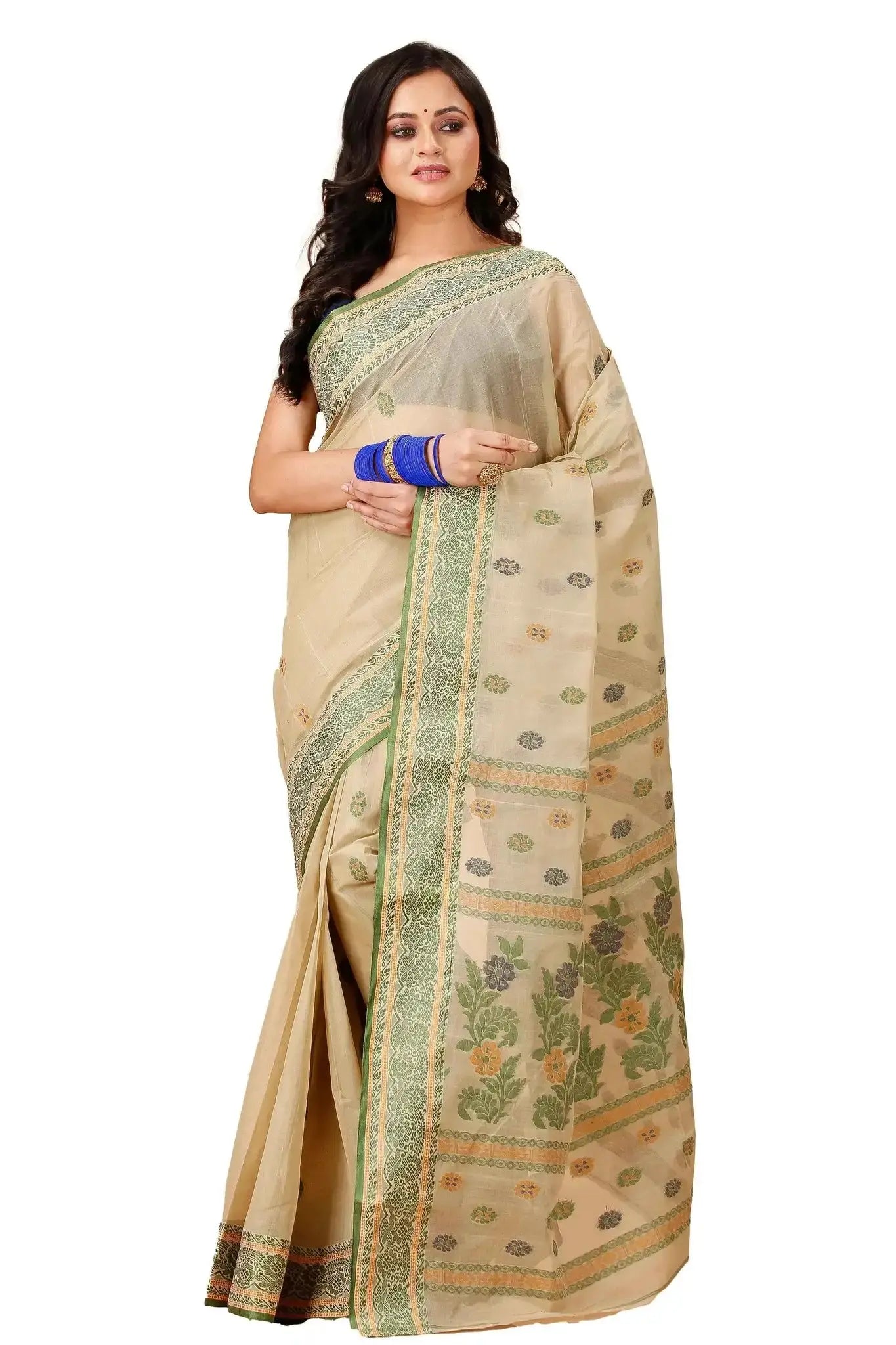 Rose Gold- Pure Cotton Bengal Handloom Saree With Green Border Woven Motifs