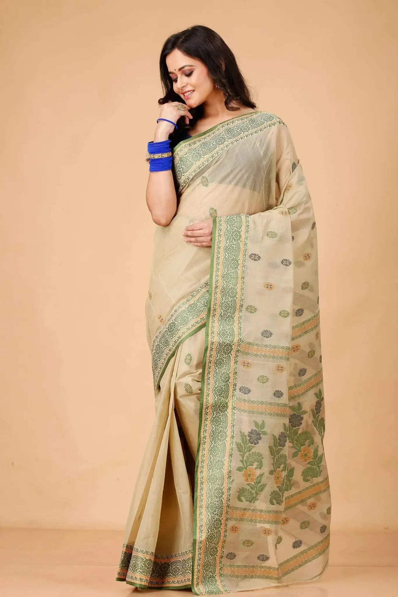 Rose Gold- Pure Cotton Bengal Handloom Saree With Green Border Woven Motifs