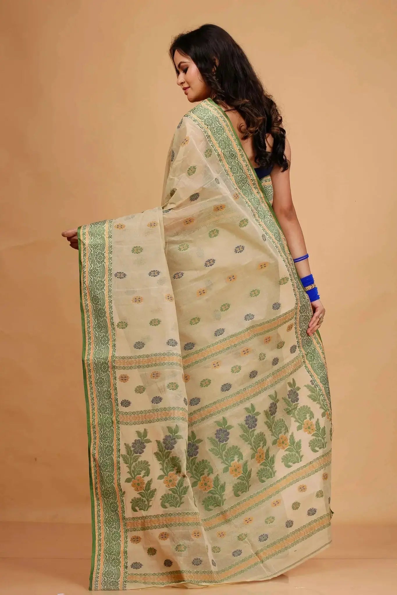 Rose Gold- Pure Cotton Bengal Handloom Saree With Green Border Woven Motifs