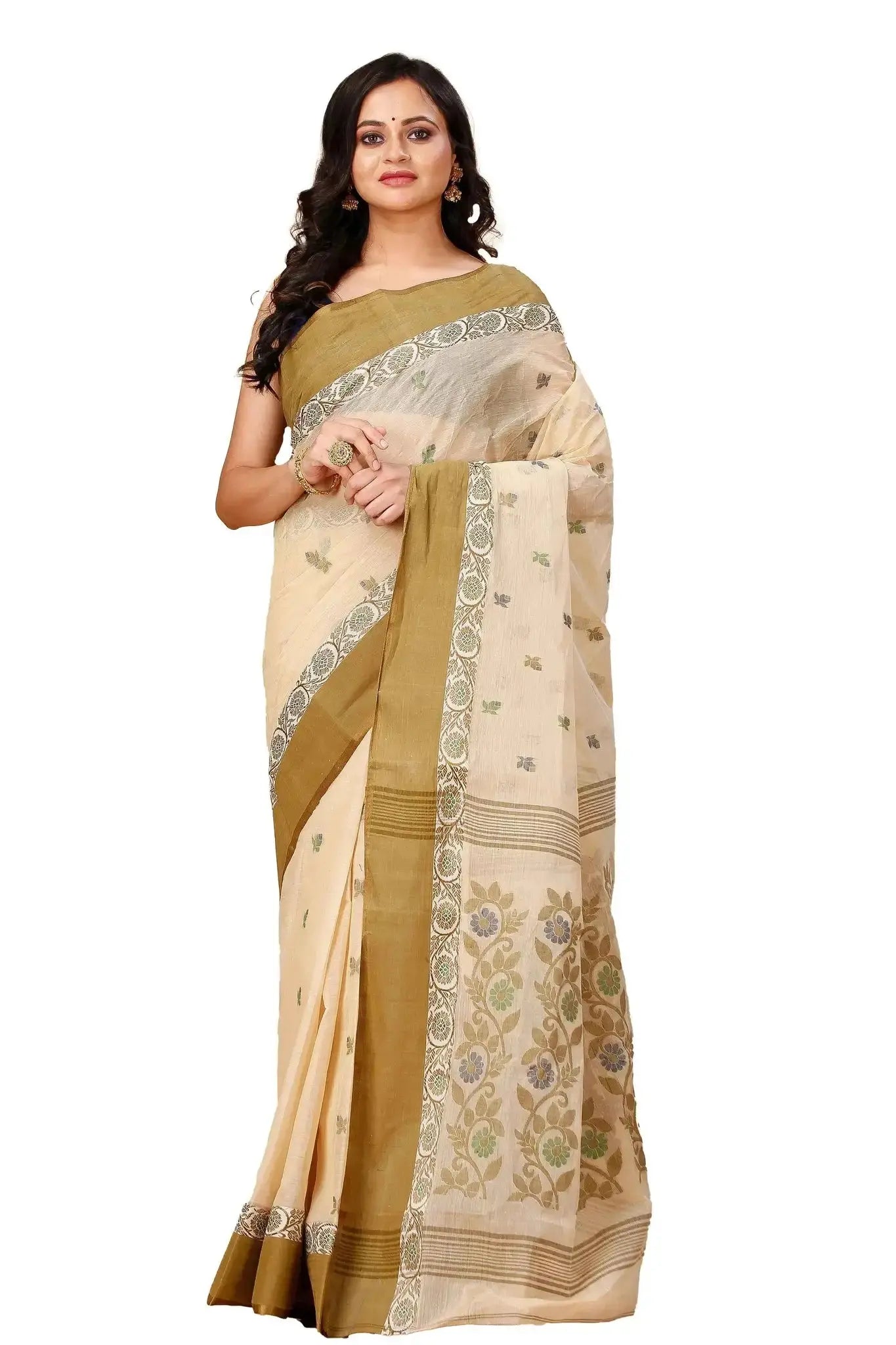 Rose Gold- Pure Cotton Bengal Handloom Traditional Saree With Contrasting Border