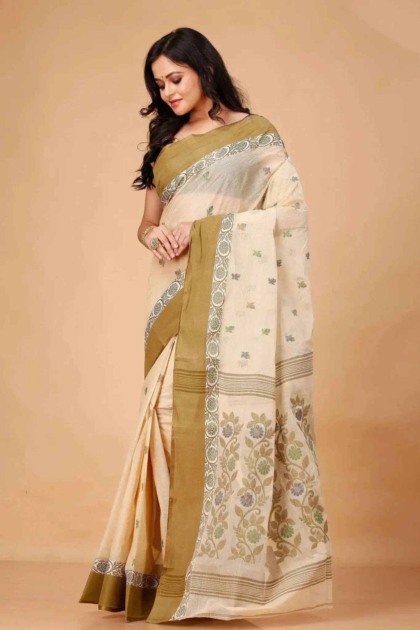 Rose Gold- Pure Cotton Bengal Handloom Traditional Saree With Contrasting Border