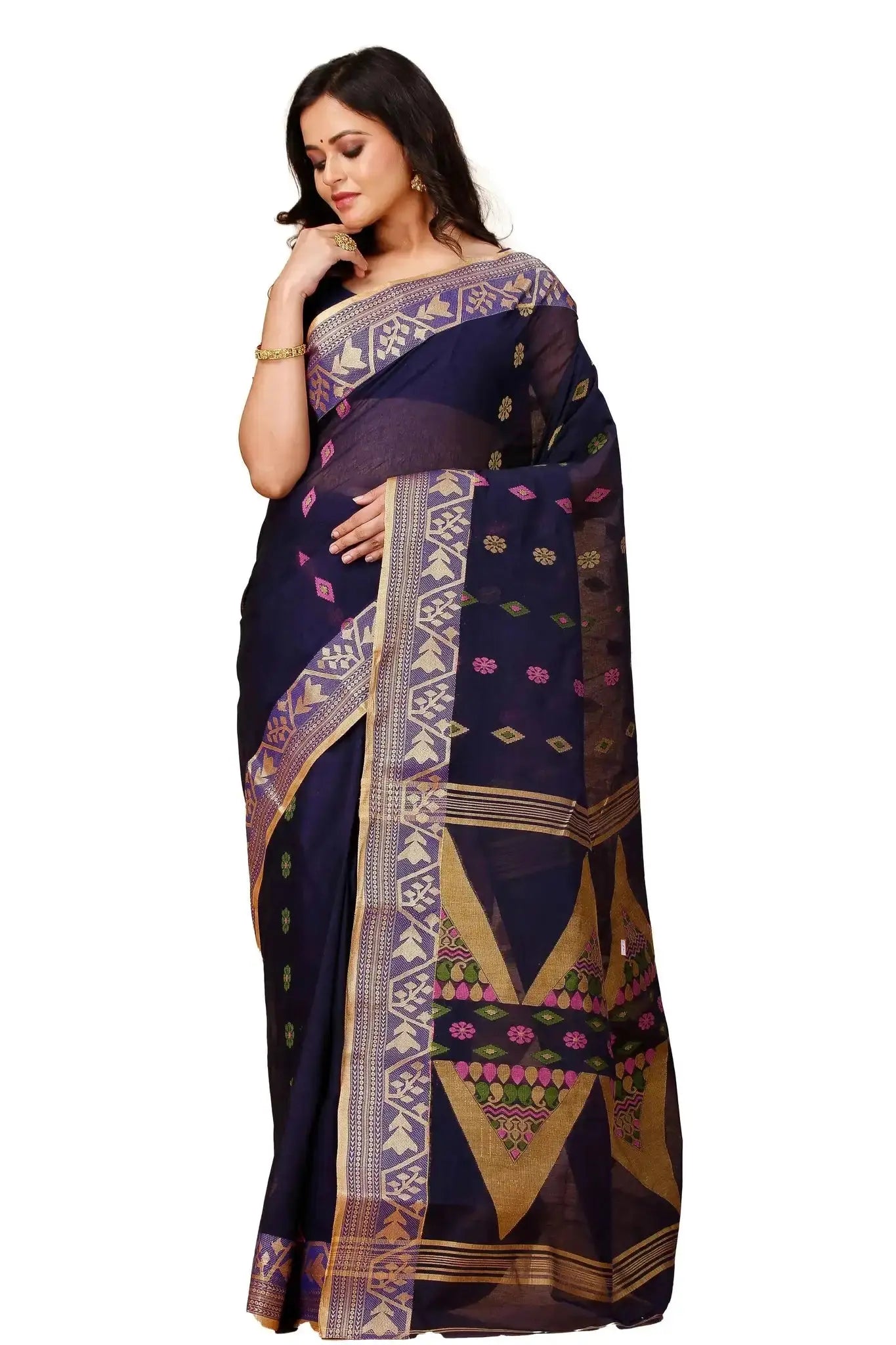 Baltic Sea- Pure Cotton Bengal Handloom Saree With Golden Zari Border Pallu