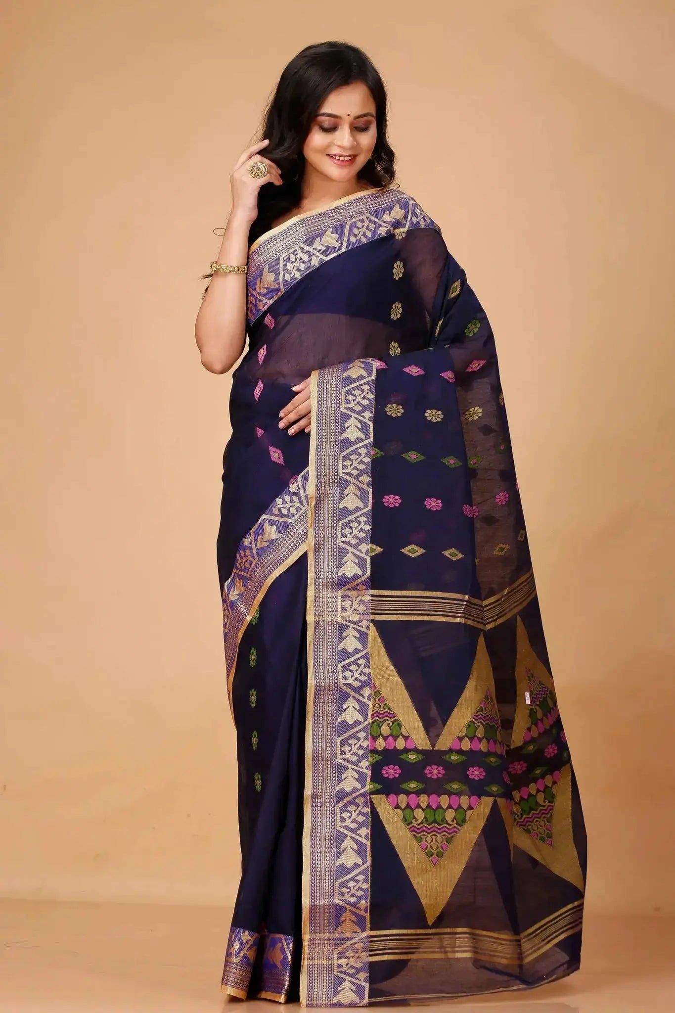 Baltic Sea- Pure Cotton Bengal Handloom Saree With Golden Zari Border Pallu